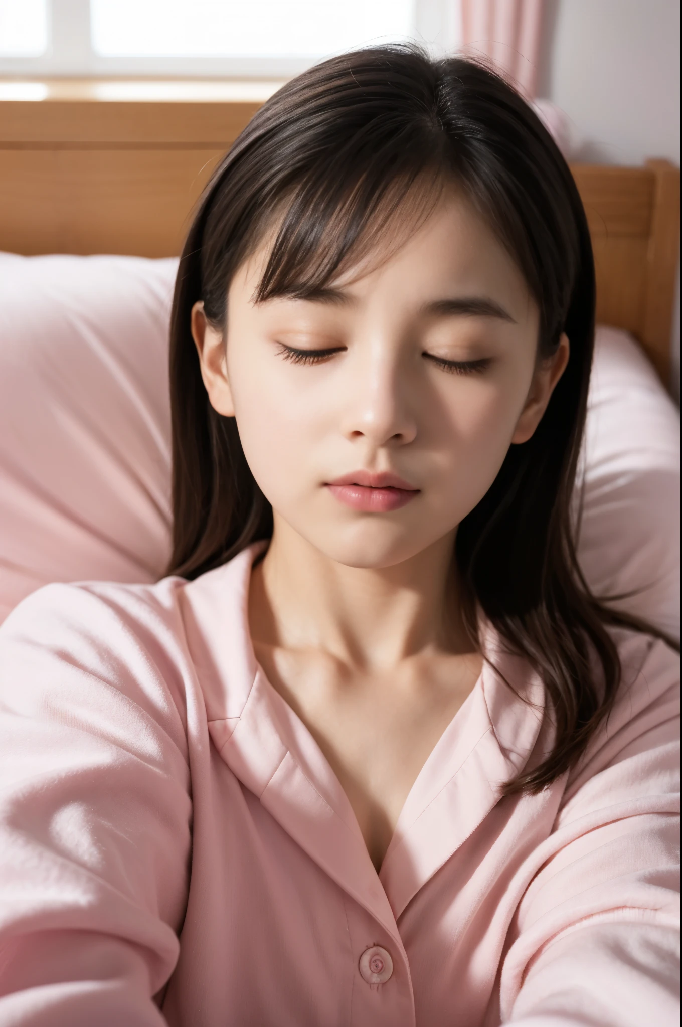 masterpiece, top-quality、Raw foto, Photorealsitic、1womanl、12year old、bedroom、Pink pajamas、Lying in bed、Eyes closed、unbelievable Ridiculous、depth of fields, hight resolution, ultra-detailliert, foco nítido, Cinematic lighting