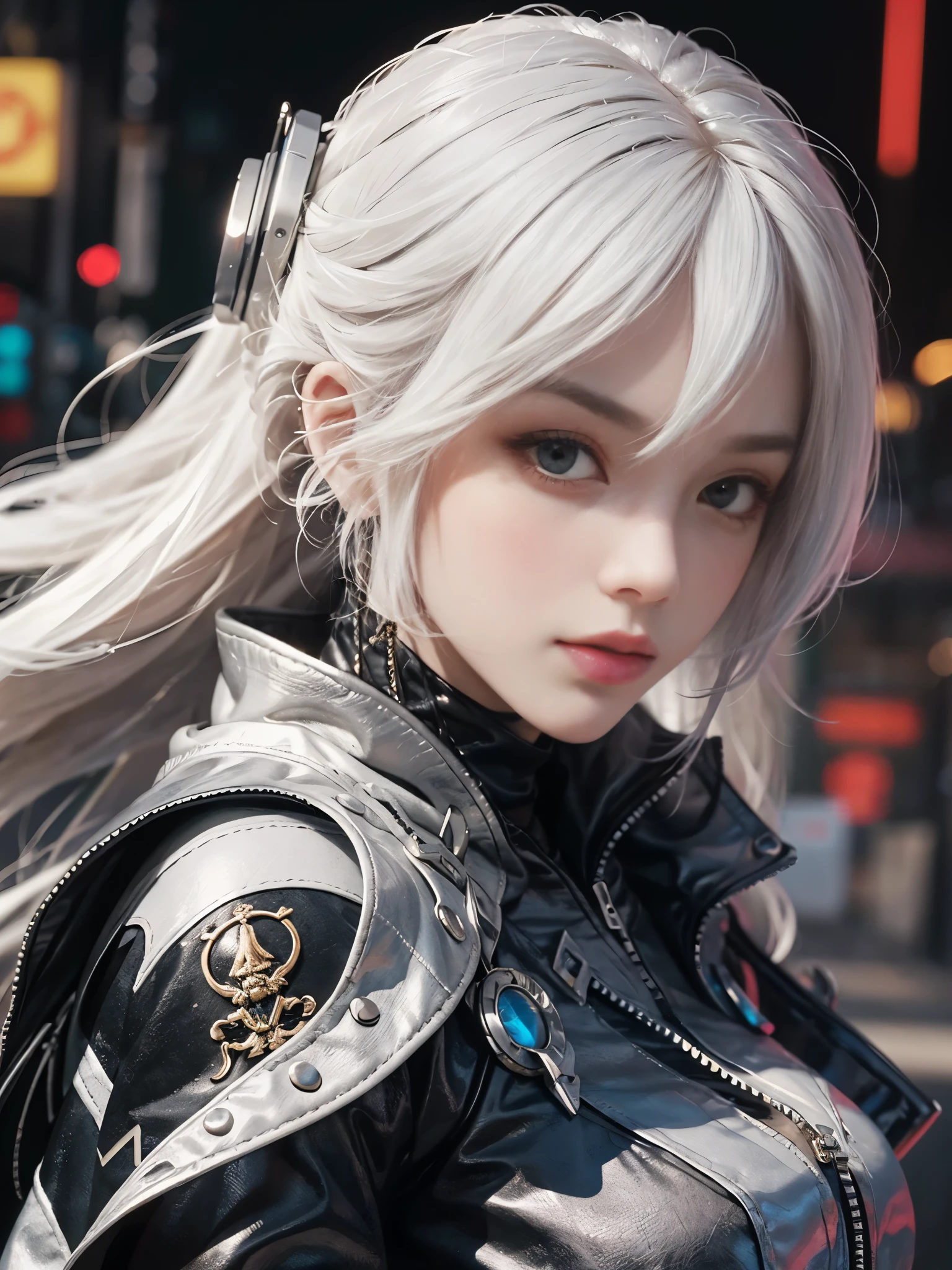 Close-up of woman with white hair and white mask、beautiful character painting、guweiz、Guweiz style artwork、white haired god、Jan J、epic exquisite character art、Stunning character art、Fanchy、Uzunsifan、guweiz from pixiv art station,Faces of reality,Real people,Photo Quality,An image of a real person captured by a camera,Shoot from the waist up,Futuristic cyber city in 3500 AD,lightly dressed,The eyes are single,