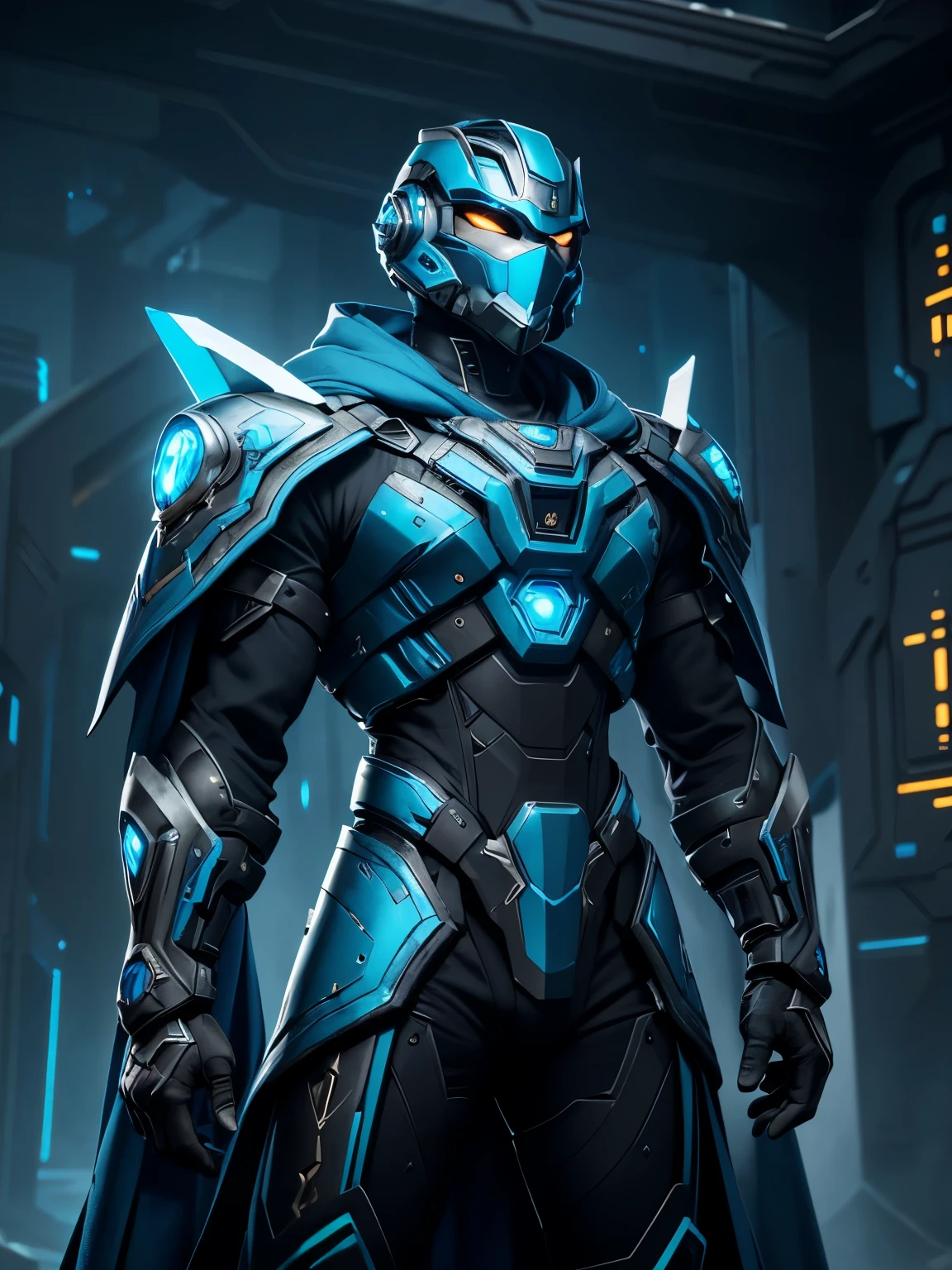 In a (dystopian realm), a formidable male soldier in exo (Blue and black color) suit emerges clad in sleek and battle-worn armor, adorned with glowing circuitry. (Draped in a tattered blue cloak that billows in the wind), this enigmatic machine possesses an aura of mystery and power, blending the elements of (futurism and desolation). high image quality, ultra realistic, detailed, intricate, ornate, futuristic, cinematic lighting, extreme details, cinematic, masterpiece,