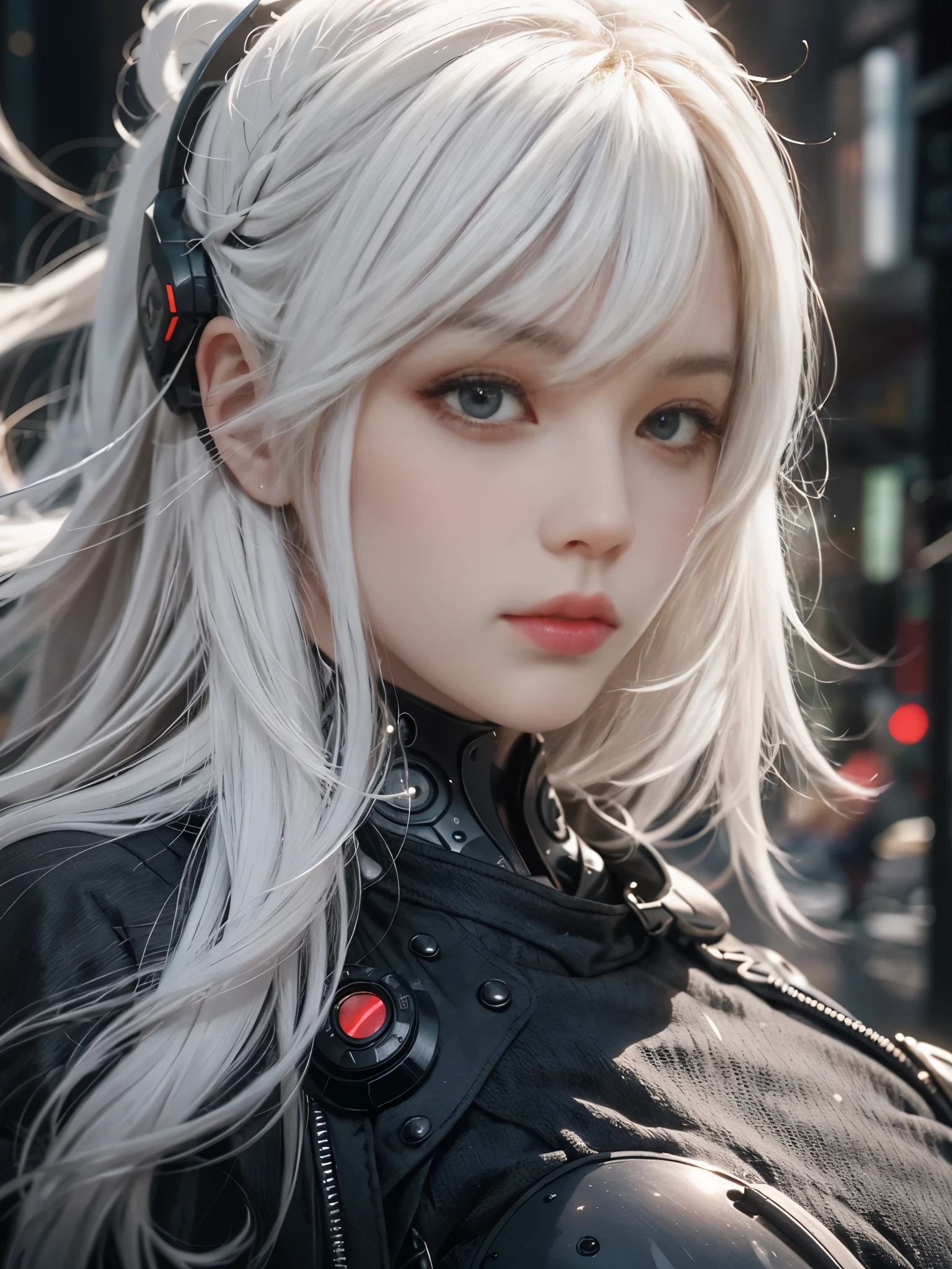 Close-up of woman with white hair and white mask、beautiful character painting、guweiz、Guweiz style artwork、white haired god、Jan J、epic exquisite character art、Stunning character art、Fanchy、Uzunsifan、guweiz from pixiv art station,Faces of reality,Real people,Photo Quality,An image of a real person captured by a camera,Shoot from the waist up,Futuristic cyber city in 3500 AD,lightly dressed,The eyes are single,