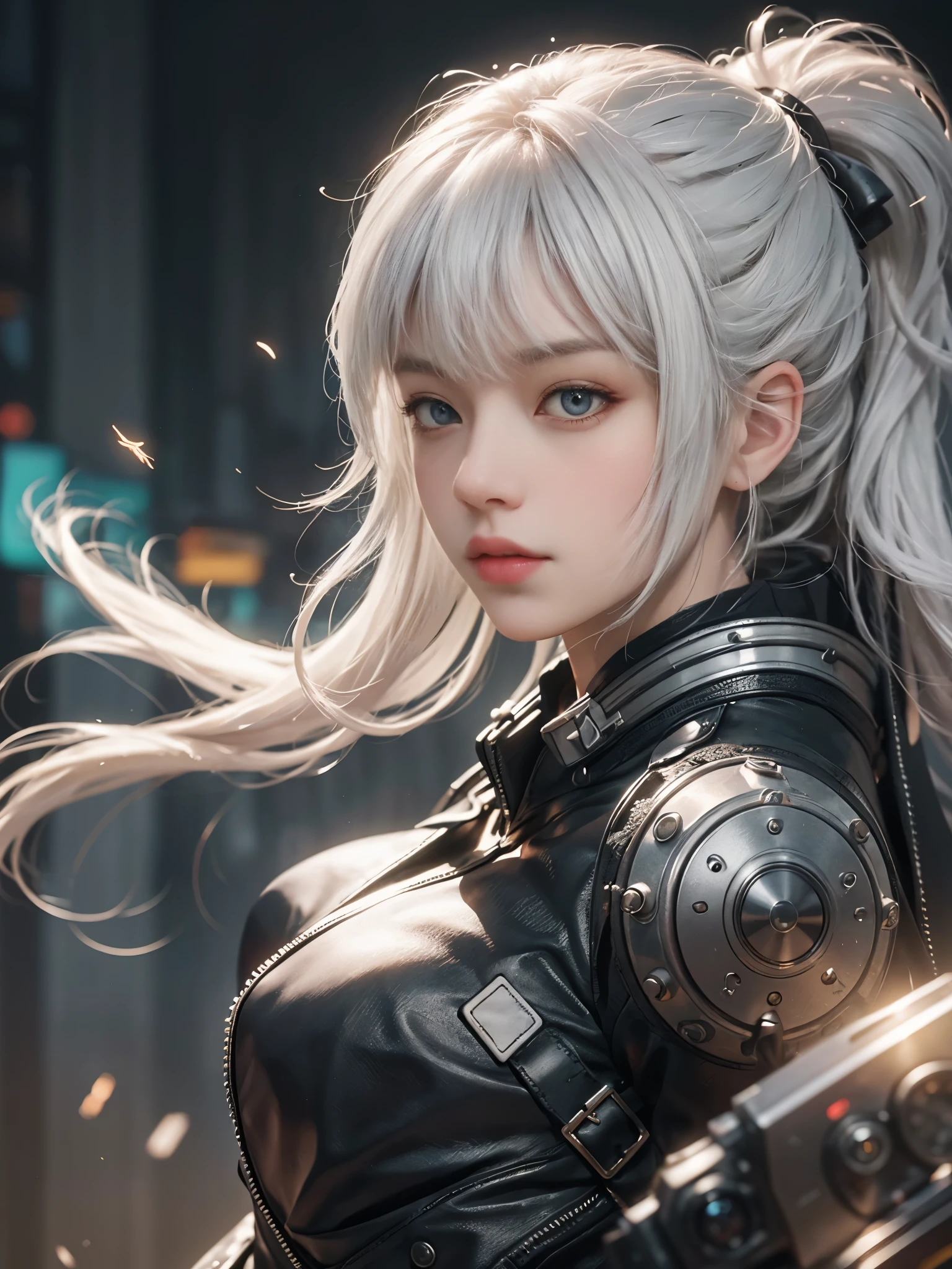 Close-up of woman with white hair and white mask、beautiful character painting、guweiz、Guweiz style artwork、white haired god、Jan J、epic exquisite character art、Stunning character art、Fanchy、Uzunsifan、guweiz from pixiv art station,Faces of reality,Real people,Photo Quality,An image of a real person captured by a camera,Shoot from the waist up,Futuristic cyber city in 3500 AD,lightly dressed,The eyes are single,