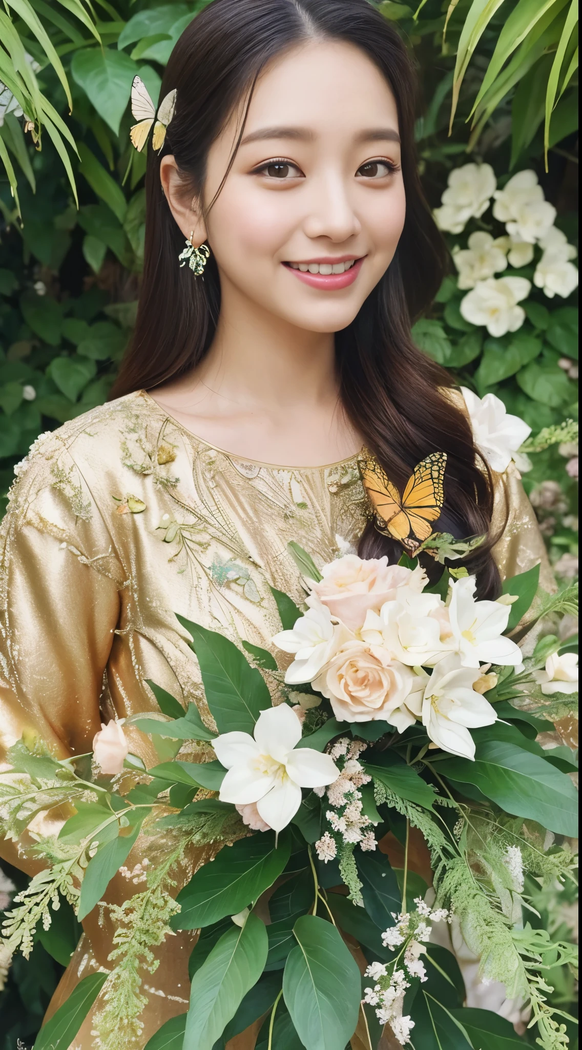 A botanical masterpiece in the style of Marco Mazzoni, detailed, hyper-realistic, elemets of symbolism and surrealism, intricate design, insanely beautiful woman, flowers, birds, diamonds, butterflies, pastel, golden details, looking at the viewer, looking straight to the camera, mysteriously smiling.