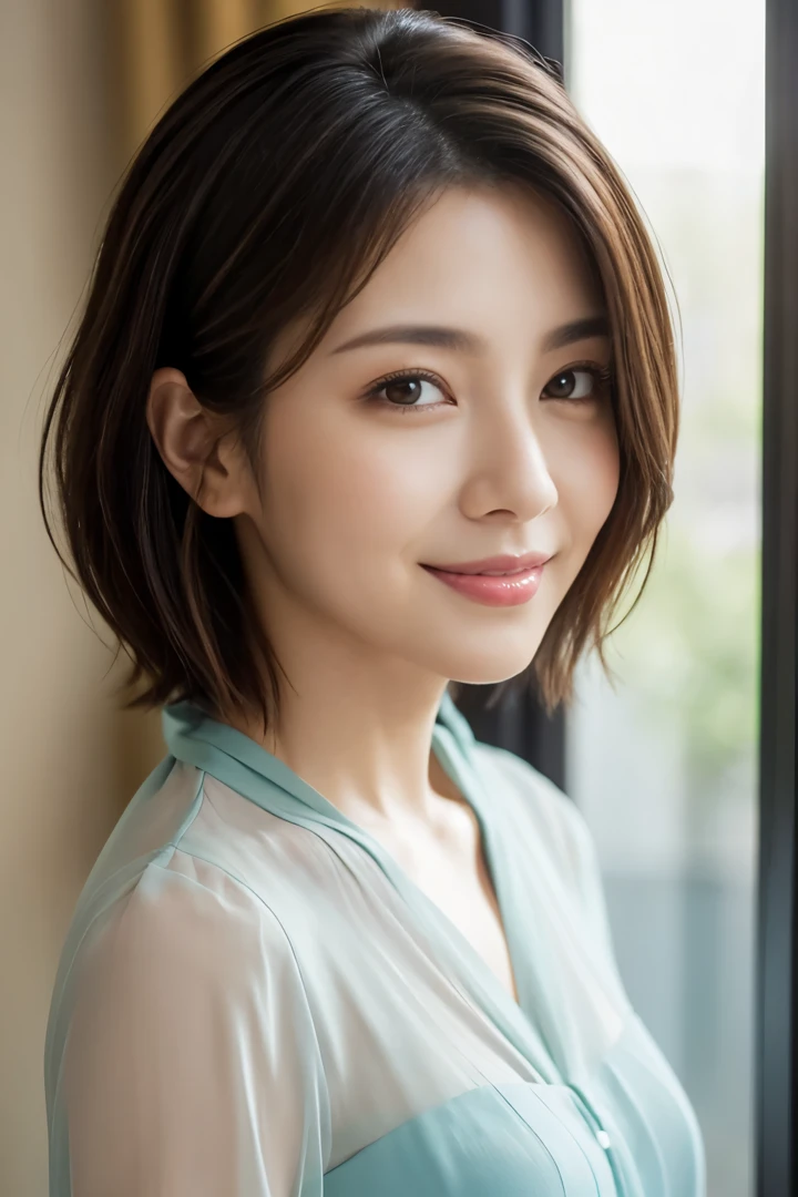(Raw Photo), (Photorealsitic), (Masterpiece), (Best Quality), High Resolution, 8K, (Intricate Details), (Voluminous Light), Portrait, Female, 40 Years Old, Short Hair, Straight Hair , layered hair, brown hair, very fine eyes, source order, very fine eyebrows, very fine skin, very fine mouth, very fine nose, cute like an idol, happy smile, (thick lips), (looking at the viewer), (elegant sheer colored blouse),