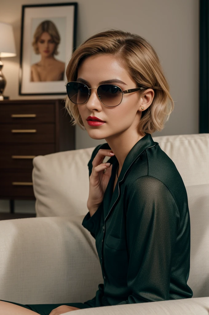 Realistis, A young and beautiful woman, with short golden hair,With sunglasses, Altura Medina (altura mediana) showing through black pajama shirt , Big green eyes, Clean skin, She was in her pajamas, frontage,full bodyesbian,sitting on white sofa,your hair shines, Your face is naturally calm, Lips painted with red lipstick, 8K textures, The is very detailed, Realistis者, Soft Cinematic Lights, HighDynamicRange, tack sharp focus, tmasterpiece, fotorRealistis者, award winning photography, a Canon EOS R5, 35mm