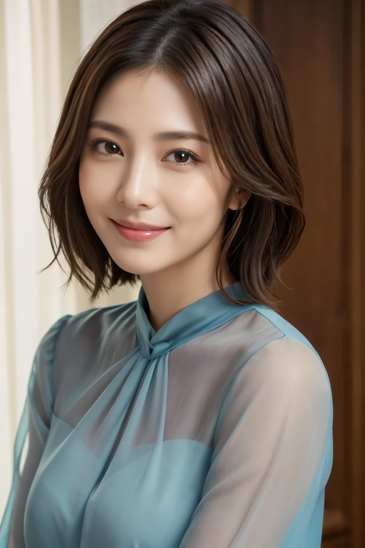 (Raw Photo), (Photorealsitic), (Masterpiece), (Best Quality), High Resolution, 8K, (Intricate Details), (Voluminous Light), Portrait, Female, 40 Years Old, Short Hair, Straight Hair , layered hair, brown hair, very fine eyes, source order, very fine eyebrows, very fine skin, very fine mouth, very fine nose, cute like an idol, happy smile, (thick lips), (looking at the viewer), (elegant sheer colored blouse),