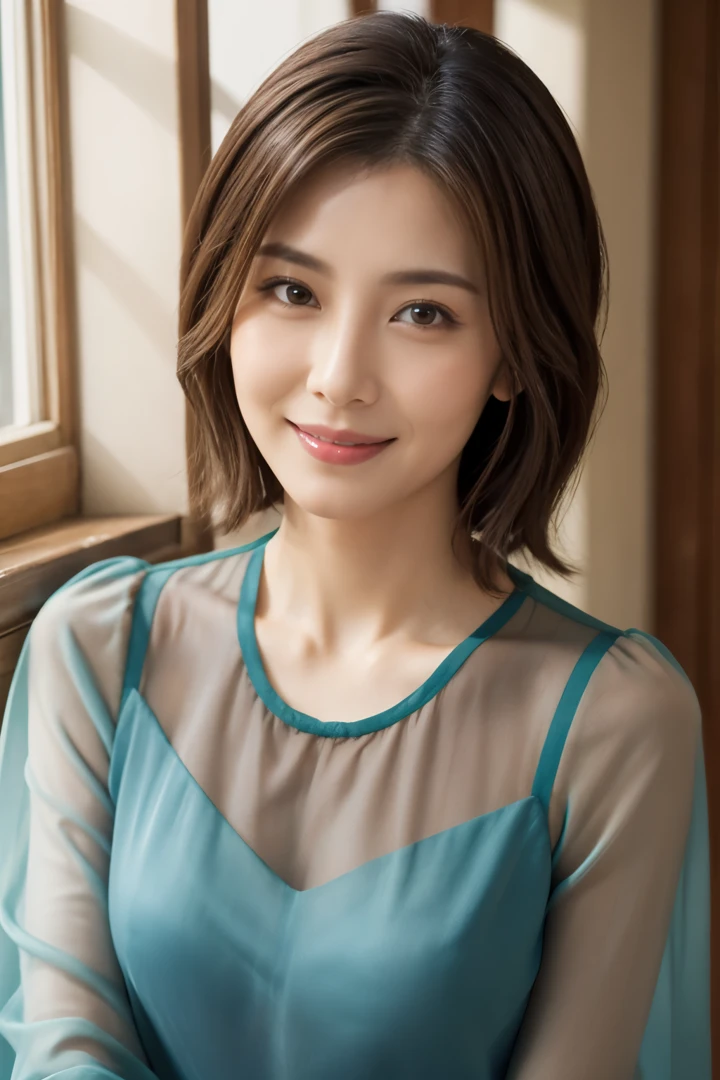 (Raw Photo), (Photorealsitic), (Masterpiece), (Best Quality), High Resolution, 8K, (Intricate Details), (Voluminous Light), Portrait, Female, 40 Years Old, Short Hair, Straight Hair , layered hair, brown hair, very fine eyes, source order, very fine eyebrows, very fine skin, very fine mouth, very fine nose, cute like an idol, happy smile, (thick lips), (looking at the viewer), (elegant sheer colored blouse),