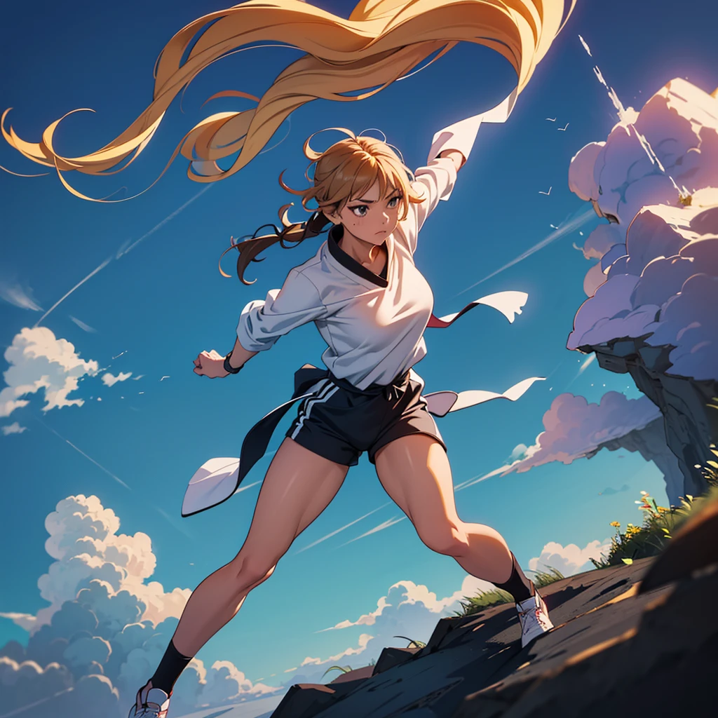 High quality, High resolution, Anime style, Earthy tones, Top-down angle, Full body, Training stance, Young woman, Good lighting, None, Not specified, Standing on one leg, Stern expression, Enduring intense training, wear judo uniform, Training attire, Smooth skin texture, Covered by training attire, Average bust size, Young age, Average body type, Not specified, Cliff edge, Intense training environment, Wind blowing, Not specified, Not specified, Clear weather, Daytime, Intense training atmosphere, (Training on the precipice cliff:1.3), (The background is rich and delicate)