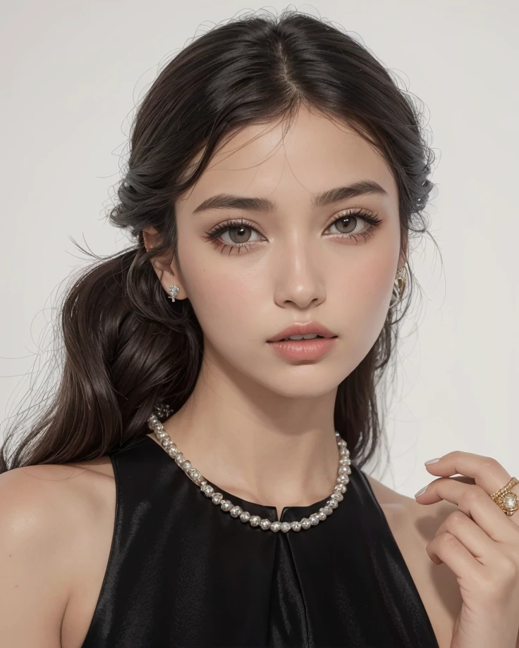 arafed young woman wearing a black dress and colar de pérolas, girl with a brinco de pérolal, wearing brinco de pérolas, jewelry pérolas, brinco de pérola, opulent colar de pérolas, Retrato Sophie Mudd, real pérolas, pérolas, colar de pérolas, pérola japonesa simétrica, Van Cleef & estilo arpels, gargantilha pérola, garota coreana, garota asiatica, ulzzang