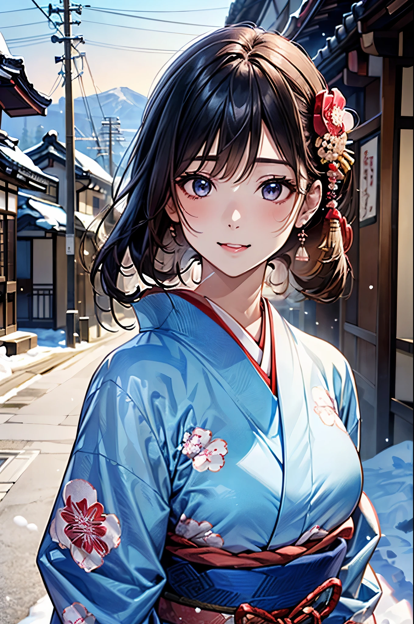 ((perfect ???????, anatomically correct, super detailed skin)), 
1 girl, japanese, high school girl, shiny skin, large breasts:0.5, looking away, looking up, watching the view, from below, 
beautiful hair, beautiful face, beautiful detailed eyes, (middle hair:1.5, japanese hair:1.5), black hair, blue eyes, babyface, mole under eye, 
((red floral kimono, hair ornament)), 
((smile:1.5, open your mouth wide)), walking, 
(beautiful scenery), winter, dawn, (new year's day, first visit), hokkaido, sapporo, outside hokkaido shrine, crowd, snow, snowfall:1.5, freezing weather, frost, 
(8k, top-quality, masterpiece​:1.2, extremely detailed), (photorealistic), beautiful illustration, cinematic lighting,