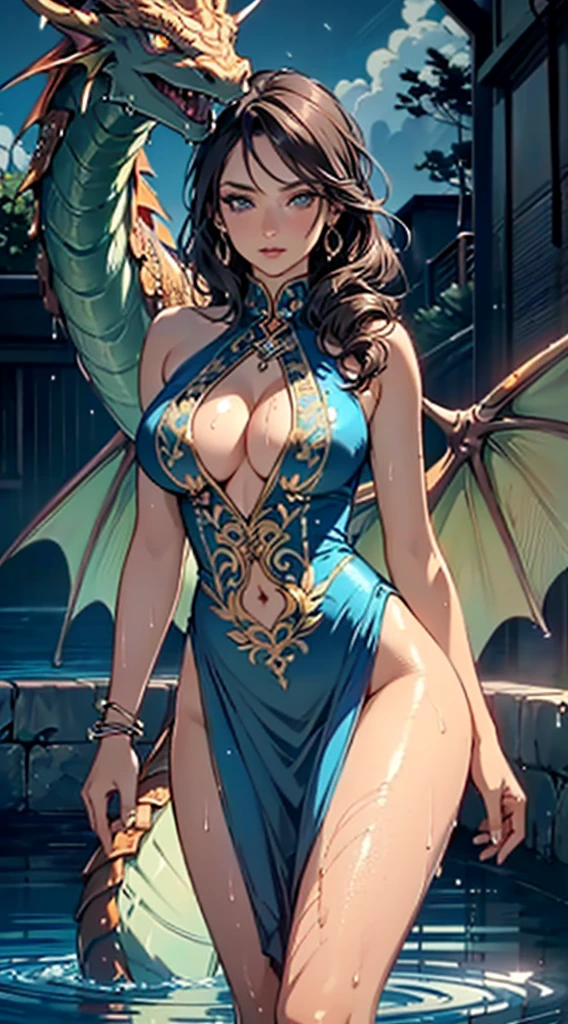 woman in evening dress,((((accompanied by a baby pet dragon:1.3)))),(((1woman))),((beautiful woman)),woman,1female,((milf,mom,mature,mature woman,45 years old female,adult)),
(large breasts:1.4),saggy breasts,(((black hair:1.4,hi-top fade Haircut:1.4,hi-top fade:1.3,Mohawk))),(((blue_eyes:1.3))),intricate eyes,beautiful detailed eyes,symmetrical eyes,((fat)),(((lustrous skin:1.5,bright skin: 1.5,skin tanned,shiny skin,very shiny skin,shiny body,plastic glitter skin,exaggerated shiny skin,illuminated skin,wet legs))),(spider lower abdomen,narrow waist,wide hip,imbo body,inflated legs,detailed body,(detailed face)),
cute,slutty,seductive,erotic,(((nsfw))),evil woman, villain, ambitious look,
strapless draped long dress,metallic blue dress,(((deep neckline,cleavage))),((wet clothes,intricate outfit,intricate clothes,ornate outfit,ornate clothes,embroidered outfit,embroidered clothes)),
(dynamic pose:1.0),solo focus,((smug)),(centered,scale to fit dimensions,Rule of thirds),
cyberpunk city by the ocean at night, with bright neon signs and dark stormy clouds and puddles, scenery:1.25,
highres, sharp focus, (ultra detailed, extremely detailed), (photorealistic artwork:1.37),(extremely detailed CG unity 8k wallpaper),((synthwave background theme)),(((vibrant colors))),(intricate background),(masterpiece),(best quality),light yellow, bikini, swimming pool, in water, (masterpiece),((ultra-detailed)), (highly detailed CG illustration),(expressionless), (best quality:1.2),(1girl:1.2),High quality texture, intricate details, detailed texture, High quality shadow, brown eye pupil, depth of field, perspective,20s, (big eyes:1.2),blush, glossy lips, perfect body, lean body, (narrow waist:1.3), large breast, distinct_image, (lustrous skin), solo focus, (brown hair), (streaked hair), ((long hair)),
