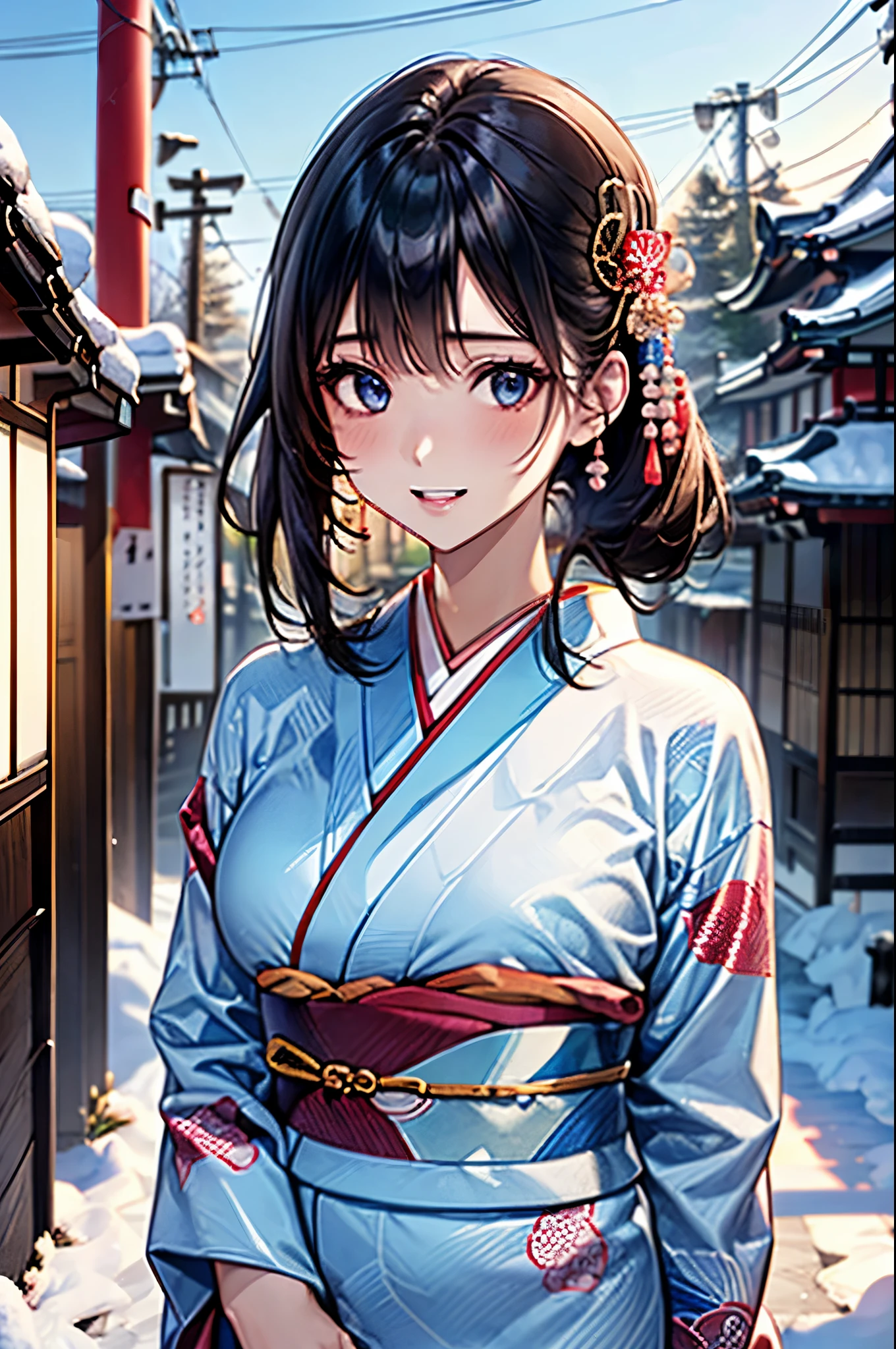 ((perfect anatomy, anatomically correct, super detailed skin)),
1 girl, japanese, high school girl, shiny skin, large breasts:0.5, looking away, looking up, watching the view, from below,
beautiful hair, beautiful face, beautiful detailed eyes, (middle hair:1.5, japanese hair:1.5), black hair, blue eyes, babyface, mole under eye,
((red floral kimono, hair ornament)),
((smile:1.5, open your mouth wide)), walking,
(beautiful scenery), winter, dawn, (new year's day, first visit), hokkaido, sapporo, outside hokkaido shrine, crowd, snow, snowfall:1.5, freezing weather, frost,
(8k, top-quality, masterpiece:1.2, extremely detailed), (photorealistic), beautiful illustration, cinematic lighting,