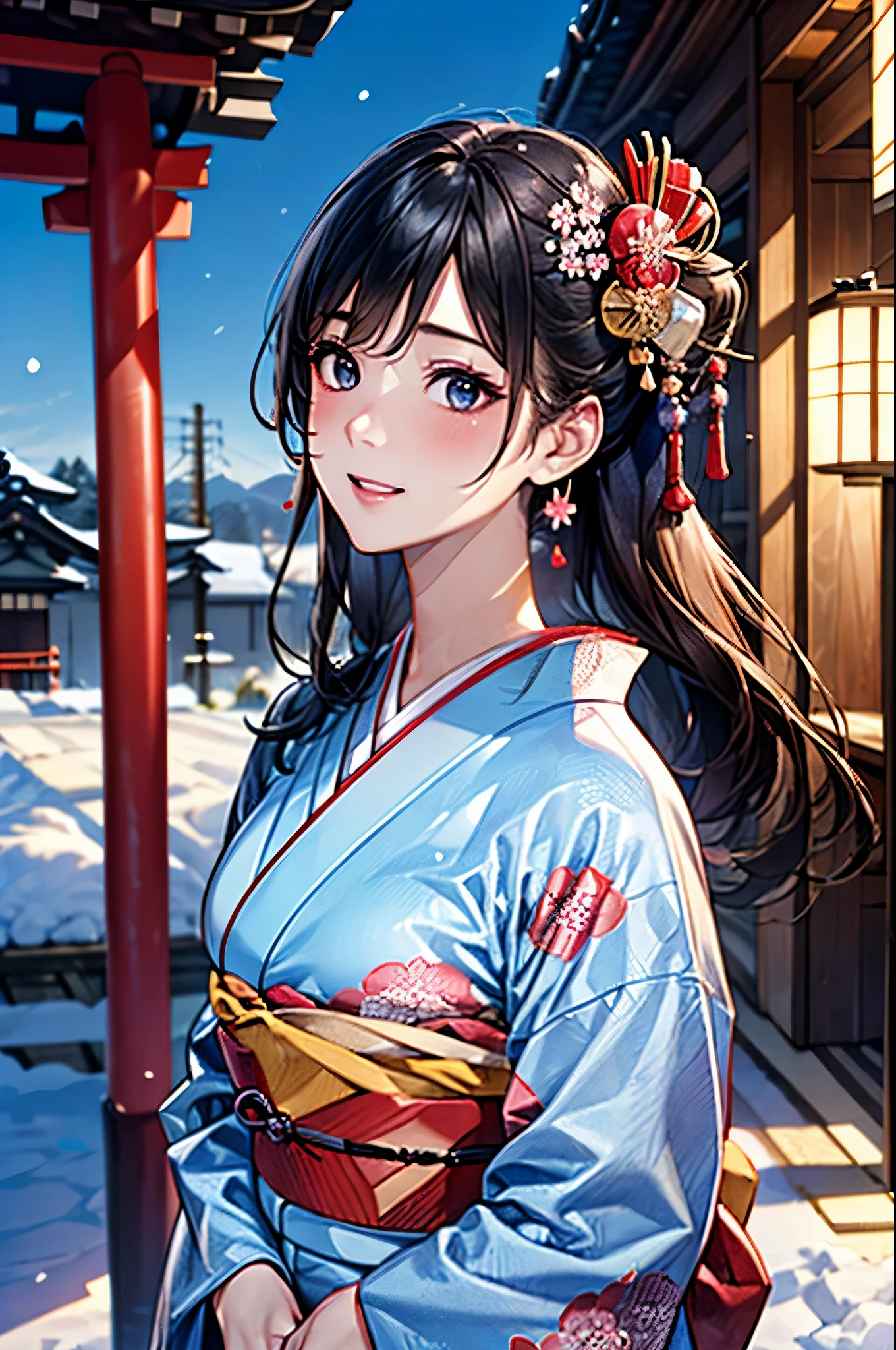 ((perfect anatomy, anatomically correct, super detailed skin)),
1 girl, japanese, high school girl, shiny skin, large breasts:0.5, looking away, looking up, watching the view, from below,
beautiful hair, beautiful face, beautiful detailed eyes, (middle hair:1.5, japanese hair:1.5), black hair, blue eyes, babyface, mole under eye,
((red floral kimono, hair ornament)),
((smile:1.5, open your mouth wide)), walking,
(beautiful scenery), winter, dawn, (new year's day, first visit), hokkaido, sapporo, outside hokkaido shrine, crowd, snow, snowfall:1.5, freezing weather, frost,
(8k, top-quality, masterpiece:1.2, extremely detailed), (photorealistic), beautiful illustration, cinematic lighting,