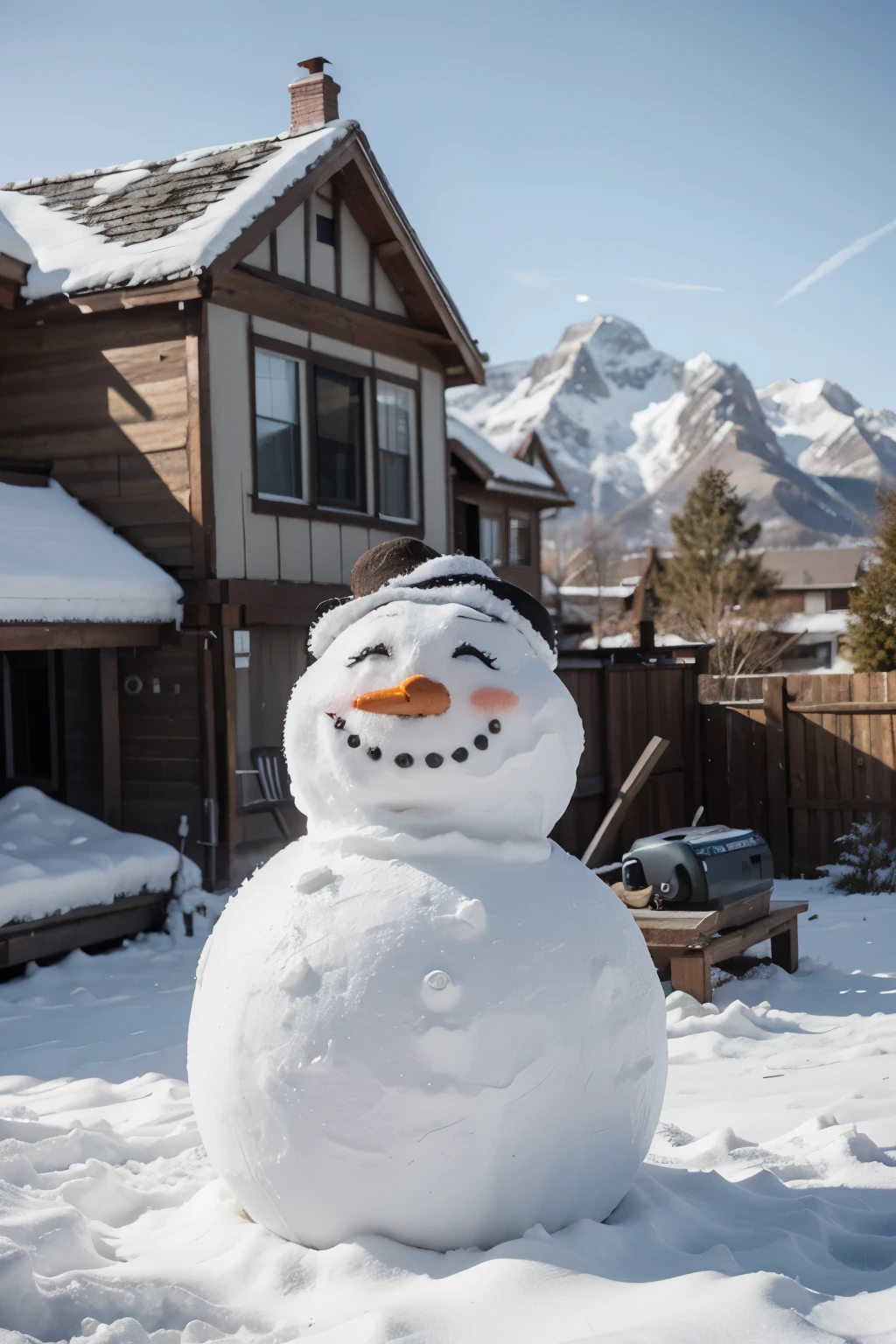 Snowman in a backyard, old house with broken windows, mountains in the background