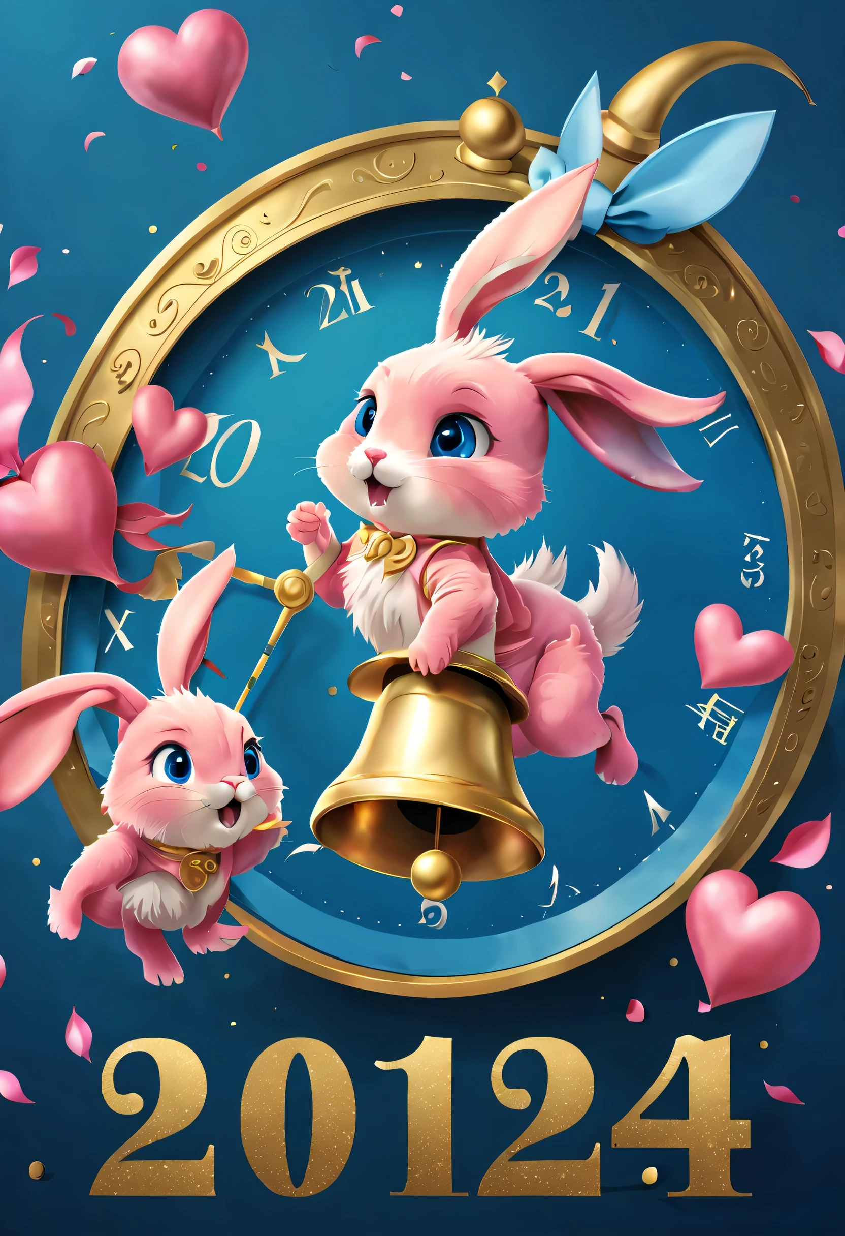 new year 2024&#39;New Year&#39;s Eve Poster Design，Pink and blue as main colors，In the center of the poster，Design a golden bell， (Hour and minute hands point to 12 o&#39;clock&#39;bell&#39;bell）,A bunny above the bell and a baby dragon below，Describe the past and future respectively，There is a heart connected in the middle。