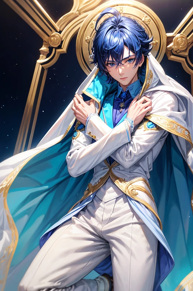 arafed male in a white suit and blue cape and white shoes, beautiful androgynous prince, delicate androgynous prince, royal elegant pose, royal attire akira, imperial royal elegant clothing, keqing from genshin impact, costume with blue accents, tall anime guy with blue eyes, dominant wihte and blue colours, wearing fantasy formal clothing
