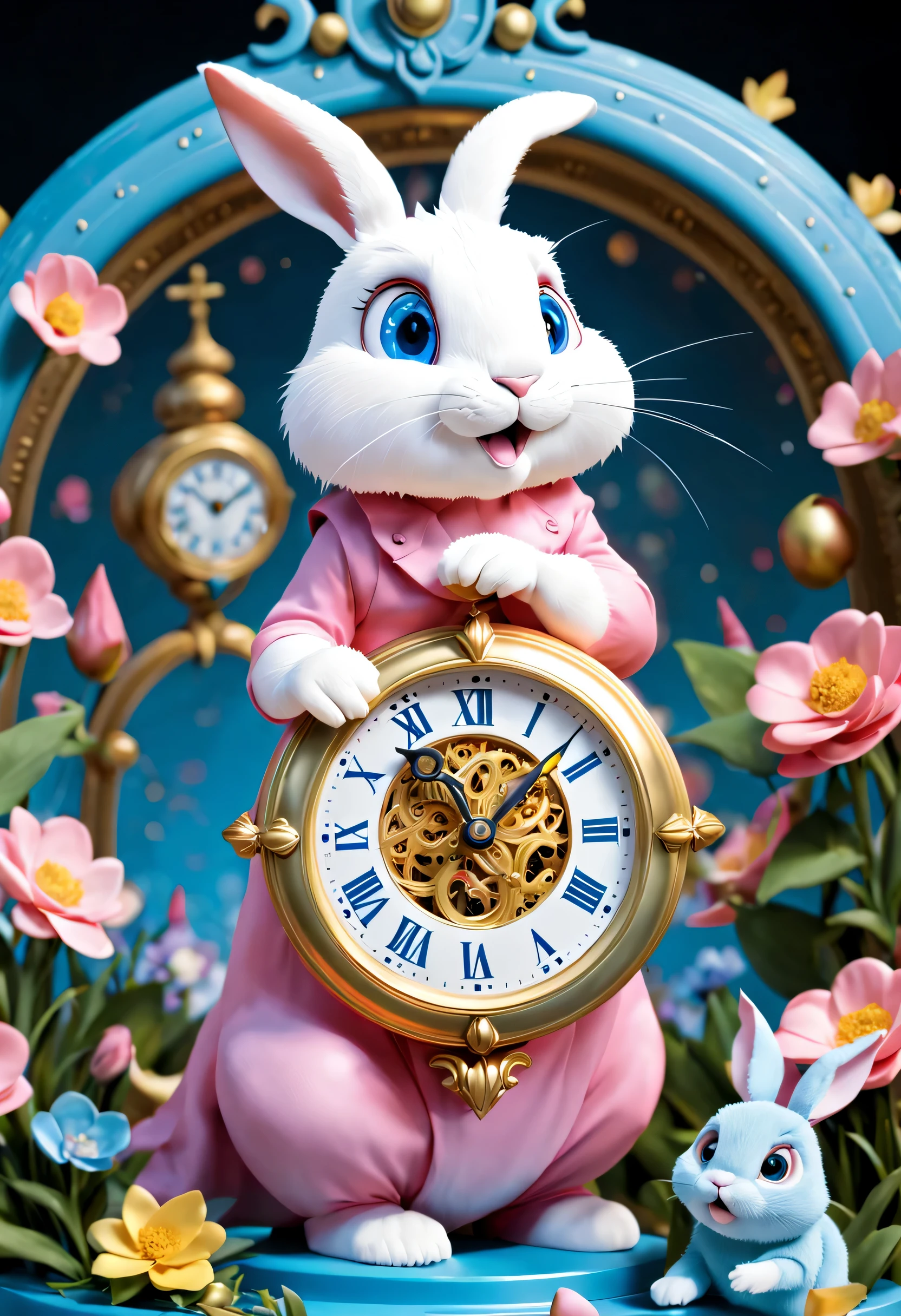 Blind box toy style, style of anime, by Pixar, stereograms, 对称, hyper HD, tmasterpiece, acurate, super detailing, high detal, high qulity, Award-Awarded, Best quality at best, 16k, A high resolution,2024 new year poster design, Mainly pink and blue colors. In the center of the poster, Golden clock with holographic hour and minute hands pointing to the 12 o'clock position. Around the clock, There is a cute bunny and a naughty babygon, blossoms, chonmage, and a heart connected in the middle, 3D, Card is connected,