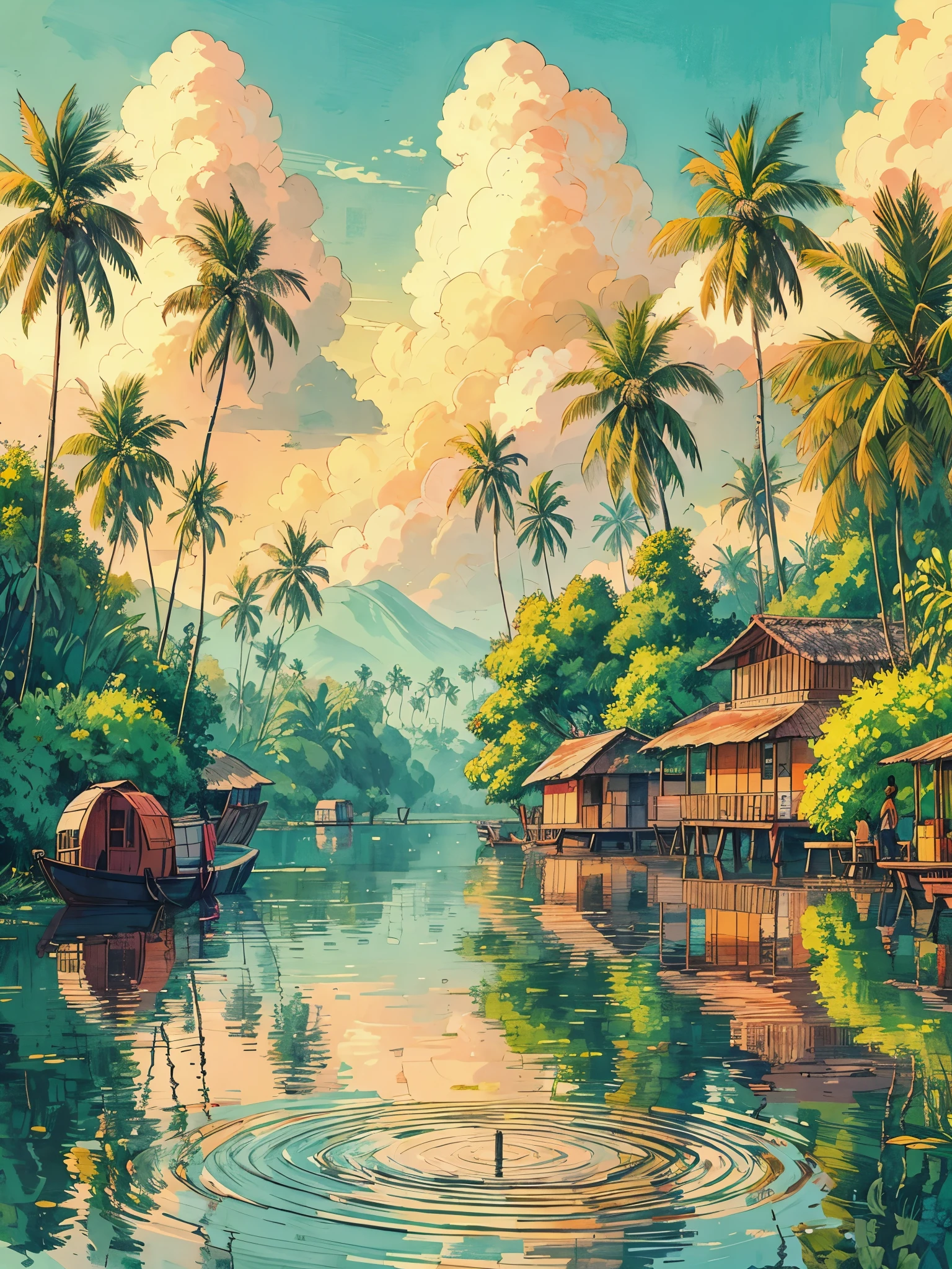 Draw an anime poster style wide lofi scene of backwaters of Kerala India, coconut trees, reflection in lake, lush green forest, house boats, ripples in water, tropical weather, beautiful cloudy sky, nature at its best, vibrant color tones, masterpiece, peaceful scene