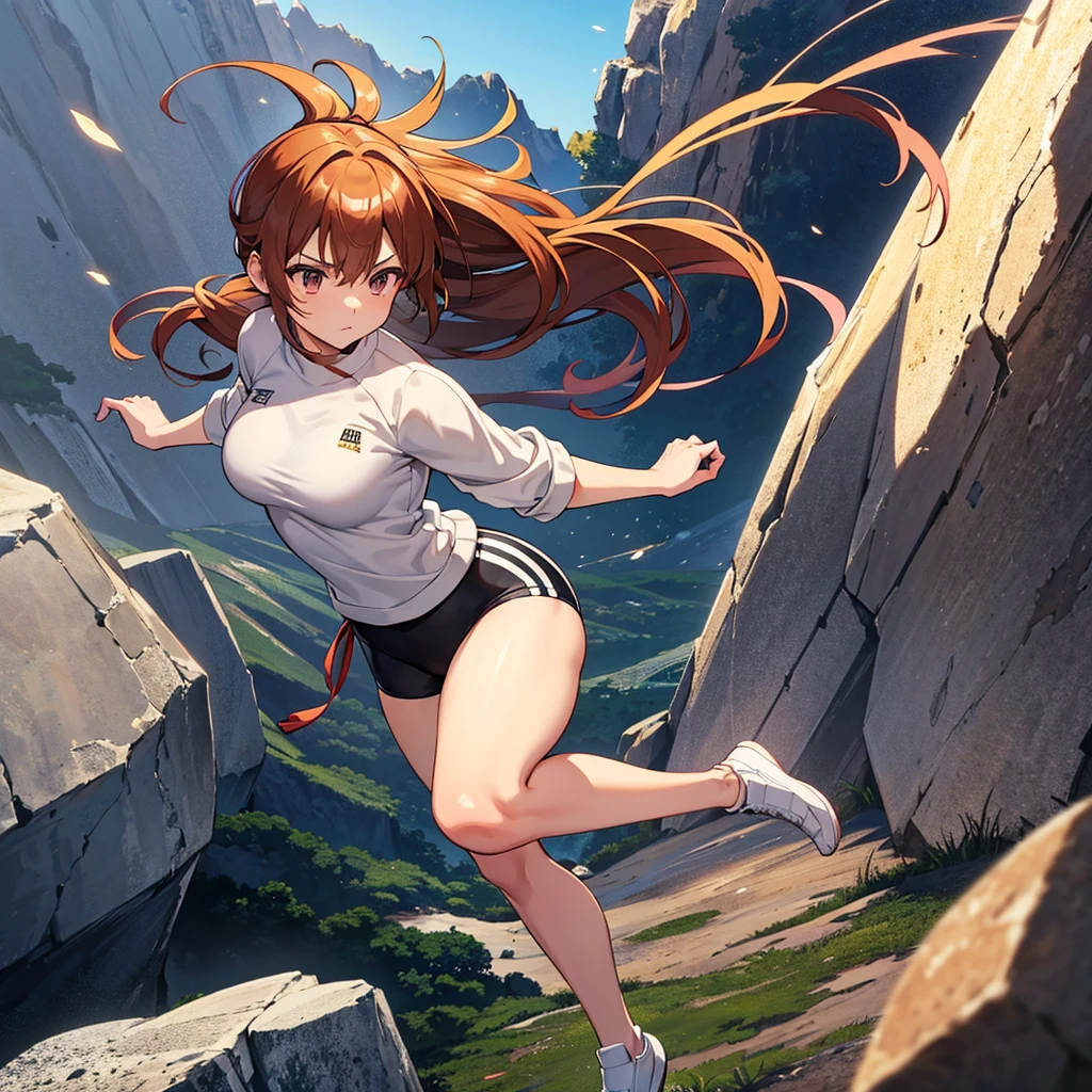 High quality, High resolution, Anime style, Earthy tones, Top-down angle, Full body, Training stance, Young woman, Good lighting, None, Not specified, Standing on one leg, Stern expression, Enduring intense training, wear judo uniform, Training attire, Smooth skin texture, Covered by training attire, Average bust size, Young age, Average body type, Not specified, Cliff edge, Intense training environment, Wind blowing, Not specified, Not specified, Clear weather, Daytime, Intense training atmosphere, (Training on the precipice cliff:1.3), (The background is rich and delicate)