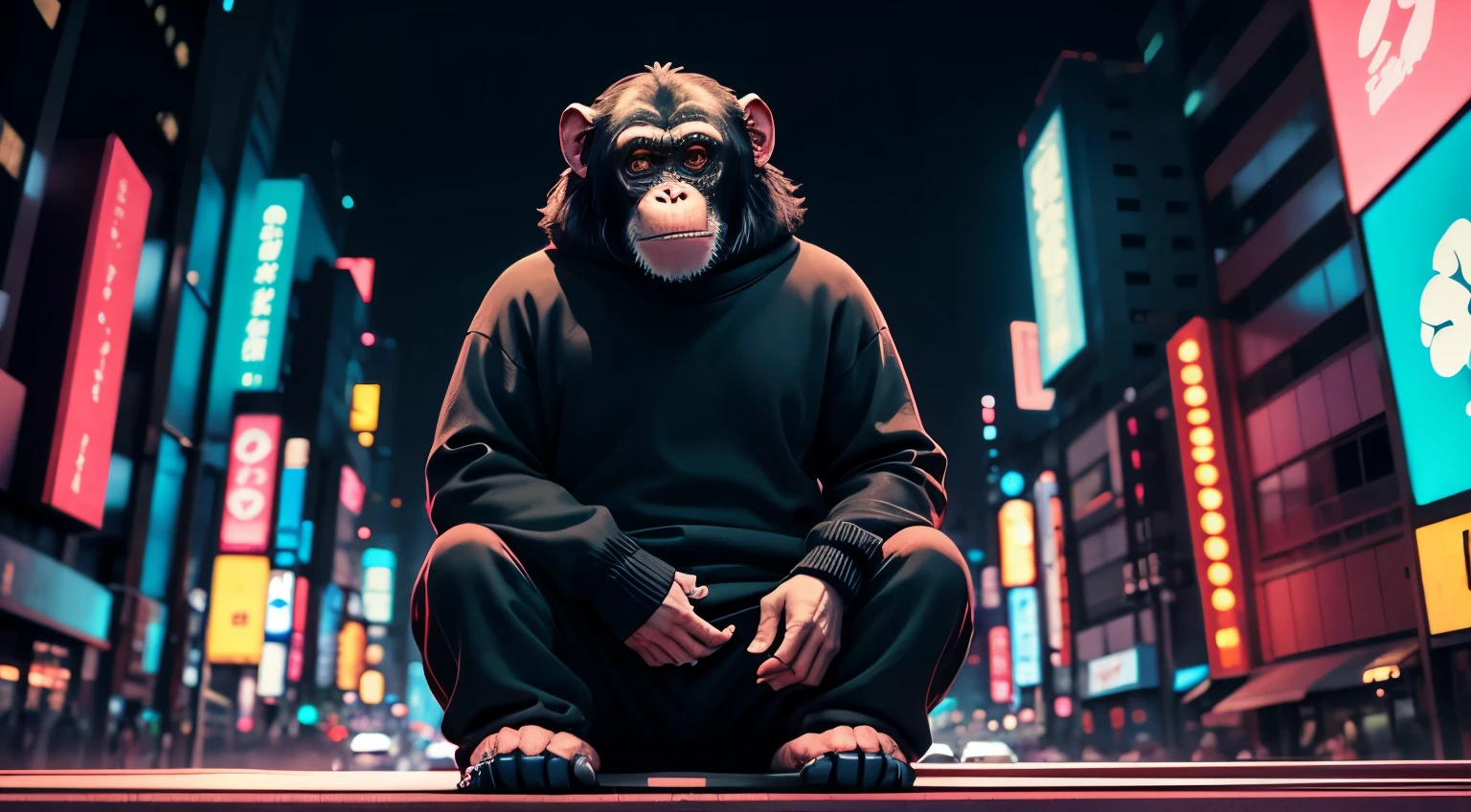 chimpanzee wearing sweater and sweatpants in tokyo, neon city