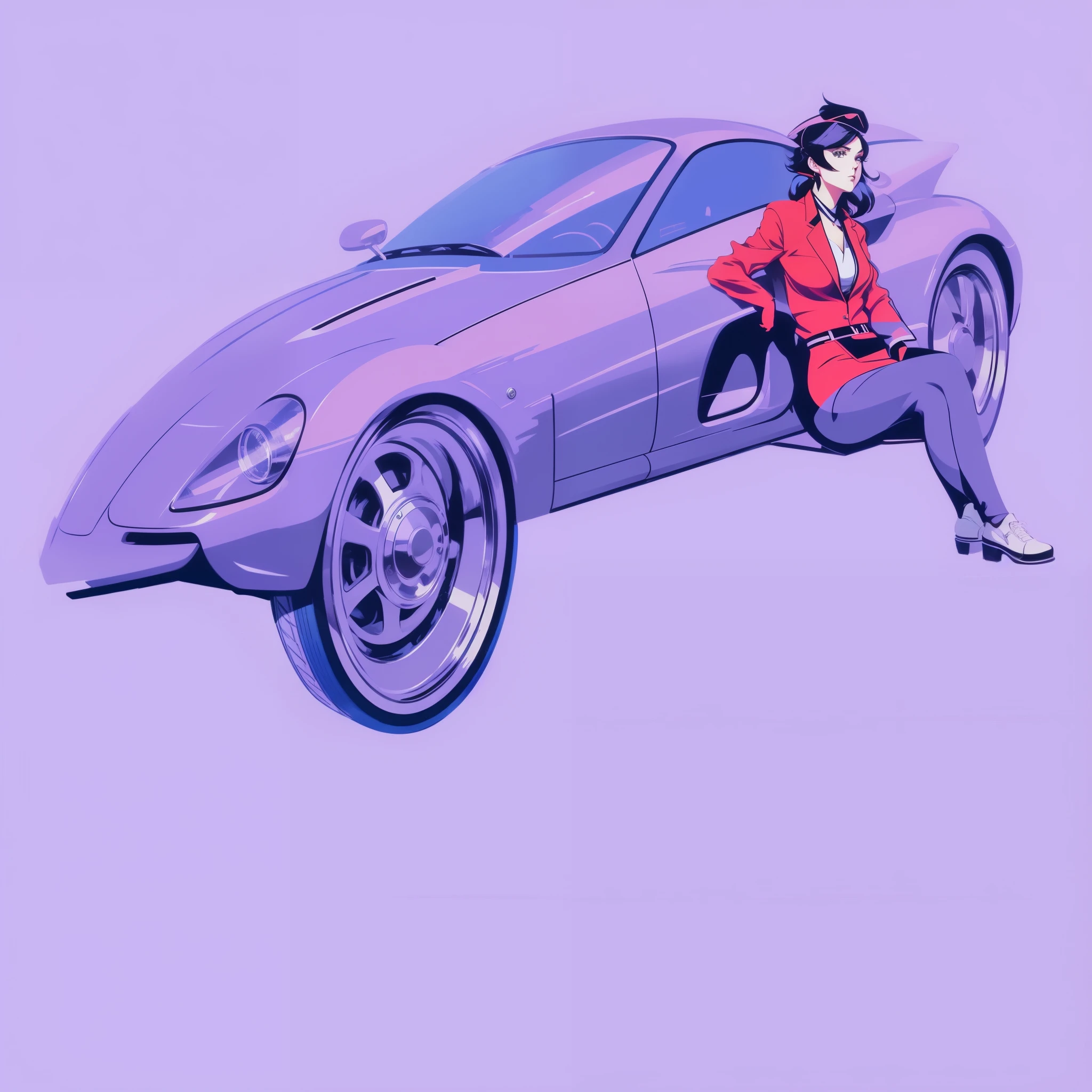 anime style picture of a woman sitting on the hood of a sports car, art deco outrun anime aesthestic, syd mead style, in style of syd mead, inspired by Syd Mead, miura kentaro style, anime art vehicle concept art, akira art style, akira style illustration, akira artstyle, style of syd mead, low detailed. digital painting