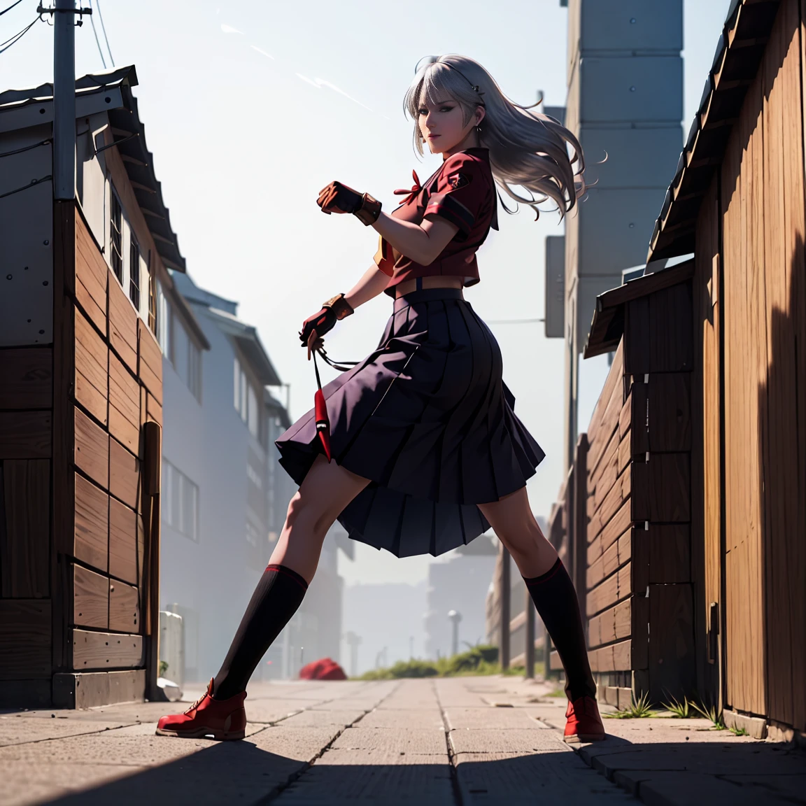 sukeban illyasviel_von_einzbern, mature_female, silver hair, holding yoyo, combat pose, full body, flowing hair, hair between the eyes, asymmetrical hair, red eyes, delicate facial features, sukeban deka clothe, looking_at_viewer, outdoors, background tokyo, ((solo, solo focus, solo girl,1girl))+++++,woman in a 80's sukeban seifuku standing on a set of strees, black school uniform, 80's japanese sukeban photo, sukeban seifuku, 80's japan, sukeban, long black skirt, red converse, full body, light skin tone female, full body, tape, arm_support, gloves, red_gloves, bridal gauntlets, blackred_footwear, fighter outfit, full body, hourglass, mature face, cheeky smile, cheeky face, wrinkles,( silver long hair, earrings, ear piercings), realistic, (fighting art, Martial arts, standing, fighting_stance, fight, fighting), extra colors, 2D, megapixel, perfectionism, accent lighting, full HD , 4K, masterpiece, empty red eyes