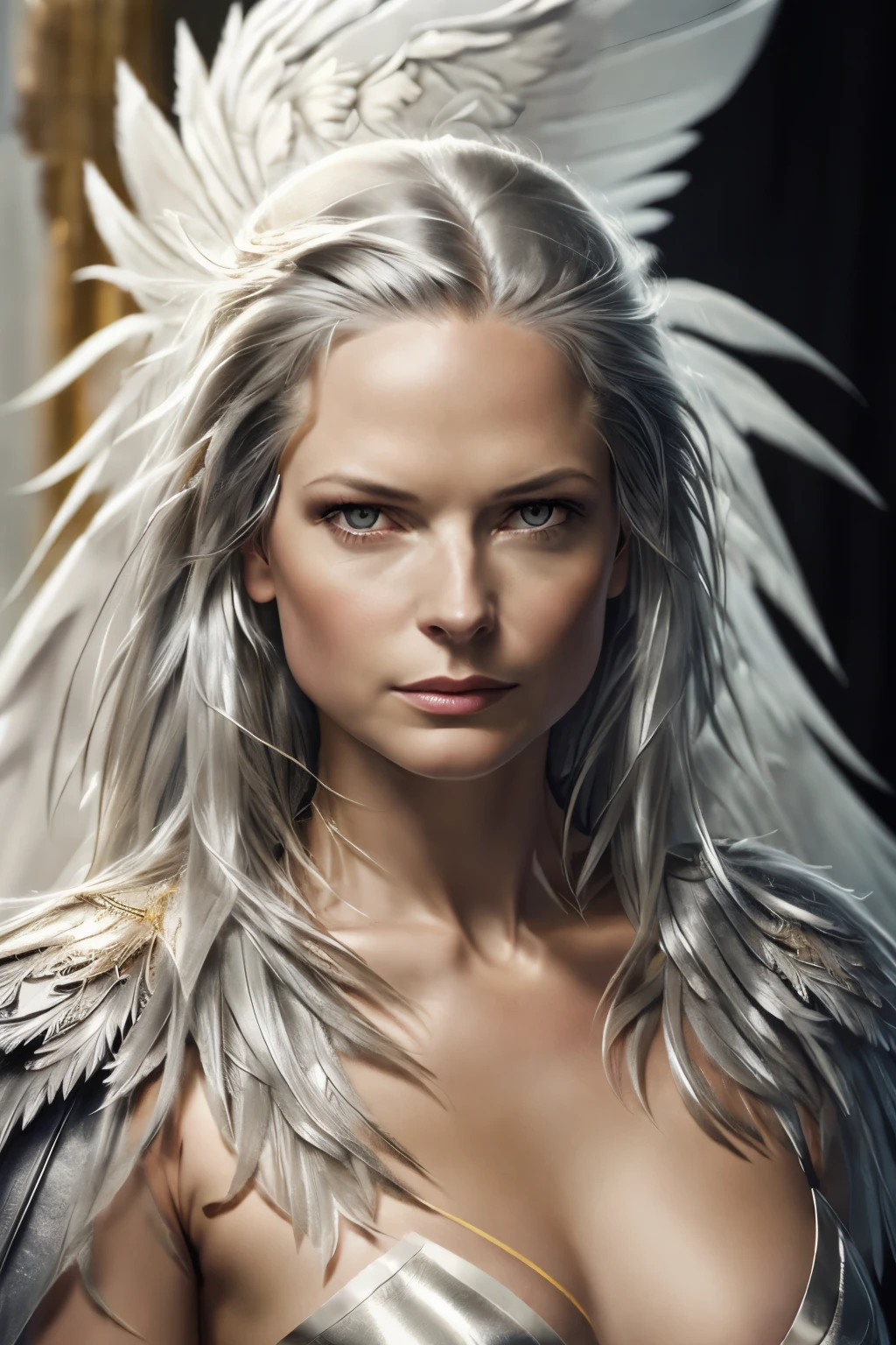 a silver haired angel with rebecca ferguson face, silver eyes, grey feathered angel wings, wearing revealing golden armor, slim, lithe, small breasts, sad, pensive, dark background, rpg portrait, painting, pathfinder