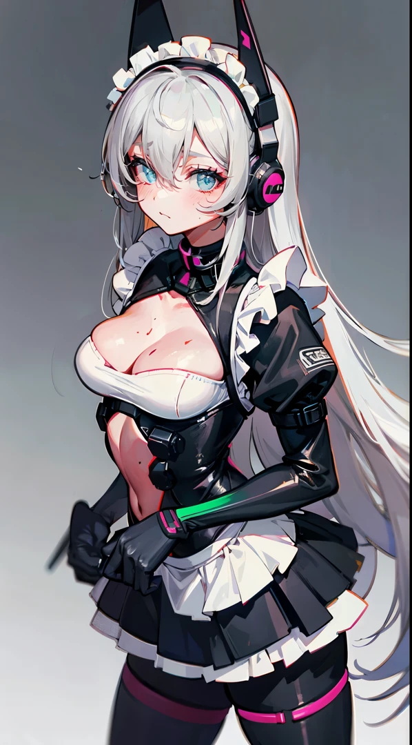 empty background，Long gray hair, Wear a tight maid outfit,more meat, Cute two-dimensional, mature，Headphones with neon lights