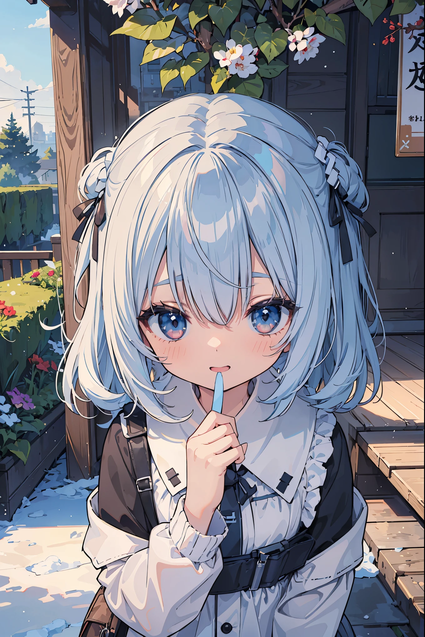 (Masterpiece, Top Quality, Top Quality, Official Art, Colorful Work, Portrait), Girl, Chibi, (White Breath: 1.5), (Happiness: 1.3), Garden, Snow, Particulate Fluorescent Luminescent Group, Cute, ( white breath: 1.5), cold