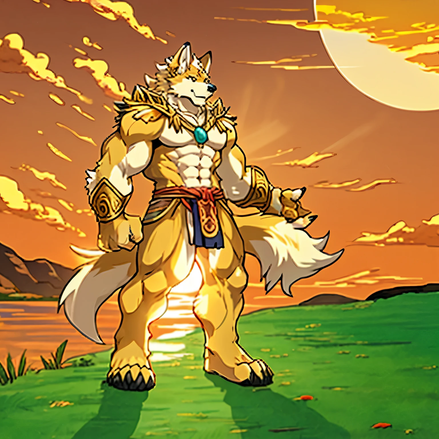 Male wolf monk in the garden，Fantastic background，Lotus position，Place your palms together，Sanskrit golden wheel on the back，Flying golden Sanskrit，goodness，divinity，Divine light，holy rays，Boundless light，Magnificent sunset background，rendering by octane，Gorgeous facial features，美丽细致的眼睛，Complex off-white fur，详细的脸，Perfect skin texture，Extreme detail，full-body view，cinmatic lighting，profesional lighting，at centre，The left ear has earrings of pigeon feathers and stars，looking at the camera in，8K，shooting with Hasselblad X1D-50，Maximum focal length，depth of fields，lighting perfect，light particules，（best qualtiy），（tmasterpiece），（Hyper-detailing），Sharp focus，light particules