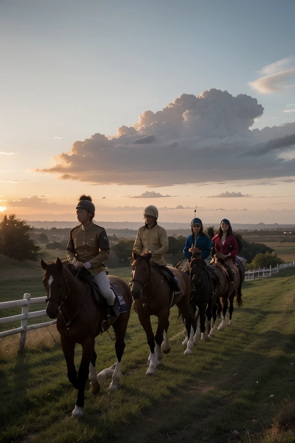 6 golden horses sunset marching towards front.
