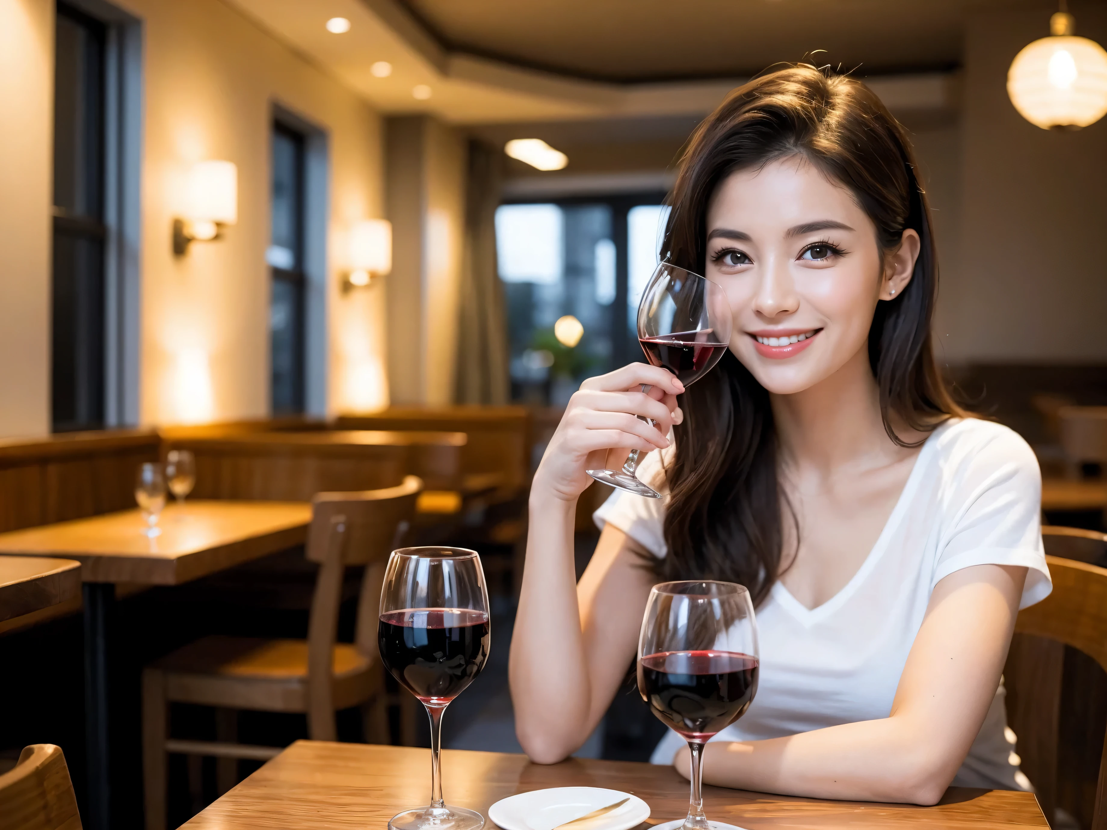 (64k uhd, nffsw, of the highest quality, masutepiece: 1.2), (Realistic, Photorealistic: 1.37), Pretty Woman 1, (Slim Face), (slimボティ), (Brown hair), (short-cut), Italian、Dutchman、Americana、Frenchman、cheeks blush a little, (40 years old), 38 years, Solo, A beautiful and detailed night view spreads out outside the window.........., restaurant, wine glassesに座って, At night, In a prominent place (from waist up) NovaFrogStyle, actress, Model, waist-up, white wine, slim, wine glasses, Super clean night view, 真ん中に置かれたwine glasses, Happy smile, (Smile: 1.15), Beautiful fine eyes, Upper body, Bust Japan Up, Night, Short, Short, actress, Model, waist-up, white wine, slim, wine glasses, Super clean night view, 真ん中に置かれたwine glasses, Happy smile,