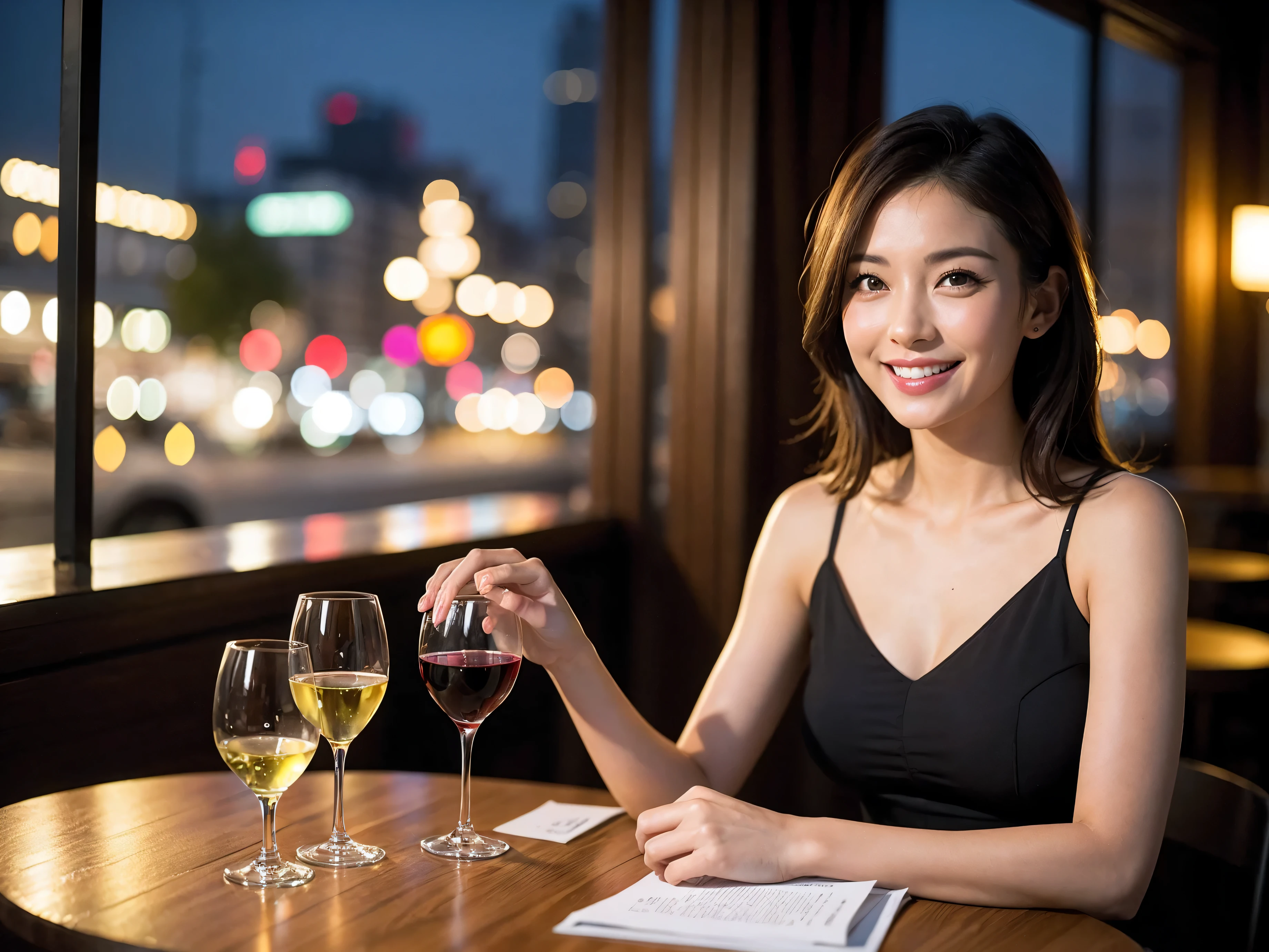 (64k uhd, nffsw, of the highest quality, masutepiece: 1.2), (Realistic, Photorealistic: 1.37), Pretty Woman 1, (Slim Face), (slimボティ), (Brown hair), (short-cut), Italian、Spaniard、Dutchman、Americana、Frenchman、cheeks blush a little, (40 years old), 38 years, Solo, A beautiful and detailed night view spreads out outside the window.........., restaurant, wine glassesに座って, At night, In a prominent place (from waist up) NovaFrogStyle, actress, Model, waist-up, white wine, slim, wine glasses, Super clean night view, 真ん中に置かれたwine glasses, Happy smile, (Smile: 1.15), Beautiful fine eyes, Upper body, Bust Japan Up, Night, Short, Short, actress, Model, waist-up, white wine, slim, wine glasses, Super clean night view, 真ん中に置かれたwine glasses, Happy smile,