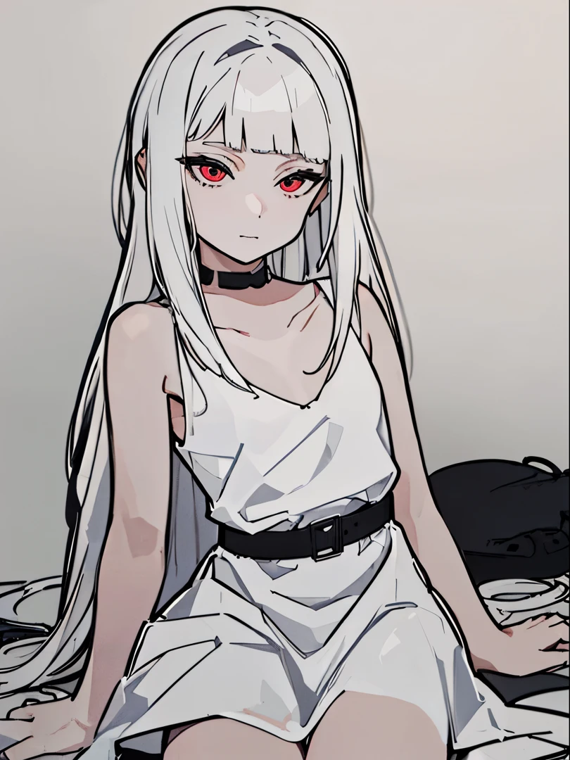 style of painting,(empty background),((Flat chest)),(Front Portrait), (Black and whature Women,((Microthorax)),(High cold),Hey, hey, smile,monochrome, blank stare, dead fish eyes, cool beauty,half lidded eyes, indifferent expression, black and white portrait, bored, impassive, loner,(Alone),Wispy bangs,Textured straight,Above the waist,((White Hair)),(Red Pupil),((White Dress)),Hip Skirt,Wispy bangs