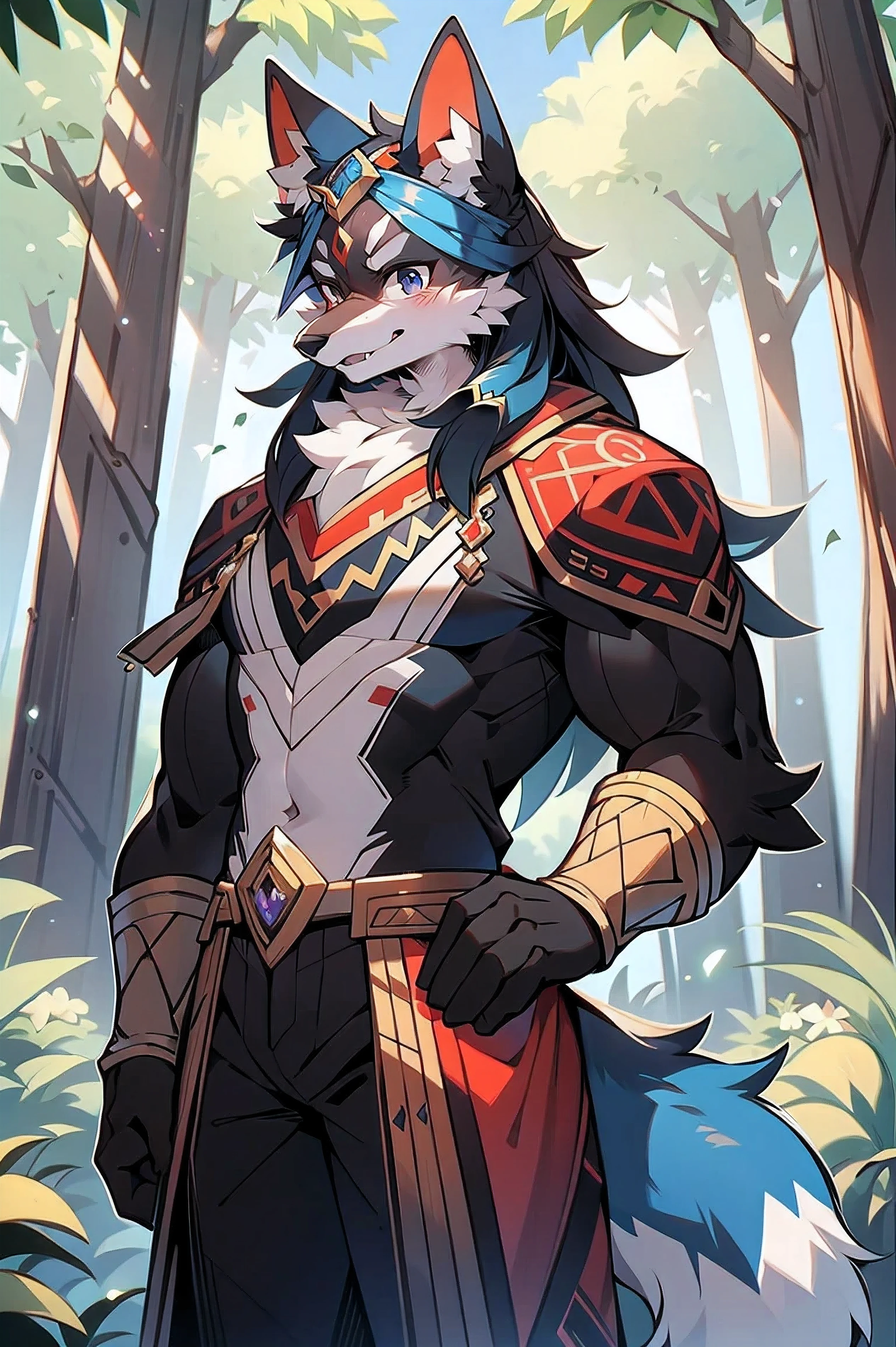 The male wolf is 180 cm tall,bluish violet eyes, , cabelos preto e longos, end, The upper body shows off the perfect body,red and black costume,with smile,Two small ears,Stand with fair skin ,at a forest