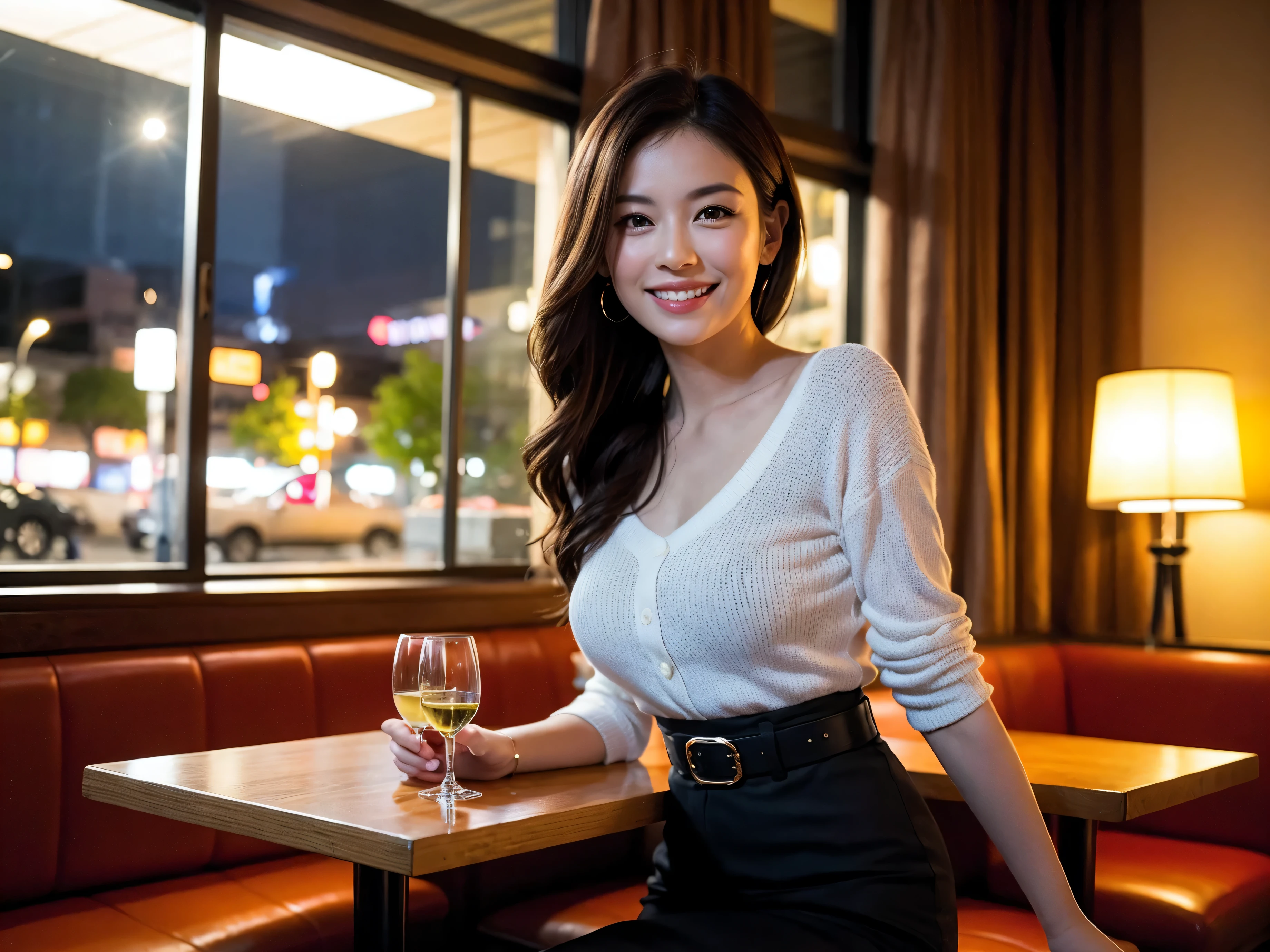 (64k uhd, nffsw, of the highest quality, masutepiece: 1.2), (Realistic, Photorealistic: 1.37), Pretty Woman 1, (Slim Face), (slimボティ), (Brown hair), (short-cut), Italian、Dutchman、Americana、Frenchman、cheeks blush a little, (40 years old), 38 years, Solo, A beautiful and detailed night view spreads out outside the window..........., restaurant, wine glassesに座って, At night, In a prominent place (from waist up) NovaFrogStyle, actress, Model, waist-up, white wine, slim, wine glasses, Super clean night view, 真ん中に置かれたwine glasses, Happy smile, (Smile: 1.15), Beautiful fine eyes, Upper body, Bust Japan Up, Night, Short, Short, actress, Model, waist-up, white wine, slim, wine glasses, Super clean night view, 真ん中に置かれたwine glasses, Happy smile,