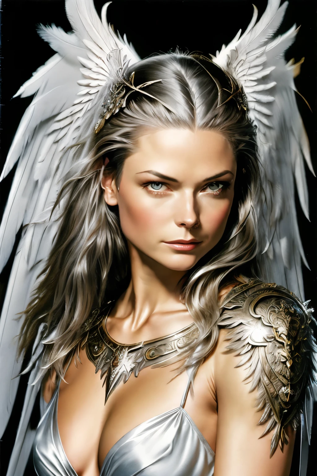 frank frazetta style painting of a silver haired angel with rebecca ferguson face, silver eyes, grey feathered angel wings, wearing revealing golden armor, slim, lithe, small breasts, sad, pensive, dark background, rpg portrait, painting, pathfinder