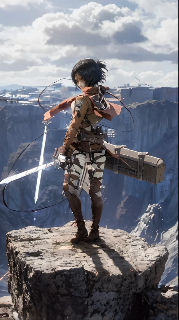anime character with sword on top of a mountain with a sword, mikasa ackerman, (attack on titans anime), from attack on titan, attack on titans, in attack on titan, shingeki no kyojin, eren yeager, attack on titan, attack on titan anime style, eren jaeger, attack on titan scenery, as a titan，Attack on Titan heroine Mikasa Ackerman，with short black hair，Short hair，warrior combat uniform，black color hair，Short hair，Attack on Titan heroine Mikasa Ackerman，with short black hair，Short hair，warrior combat uniform，black color hair，Short hair