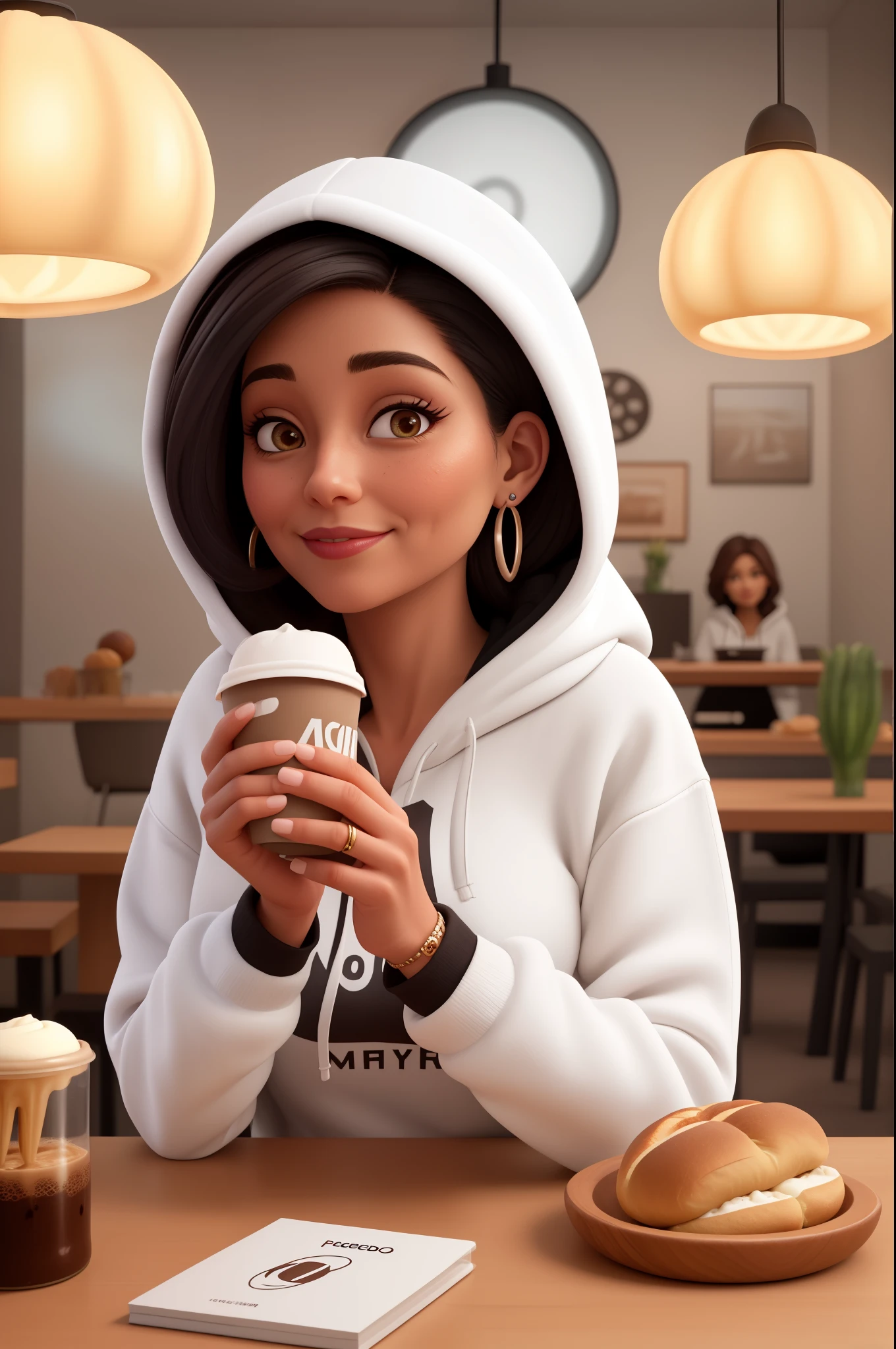 A 40-year-old woman,cabelos preto e longos, Melon seed face,drinking a coffee,Looks comfortable and relaxed, Single phoenix eye, With big earrings,wearing a hoody,table light,breads,White hoodie