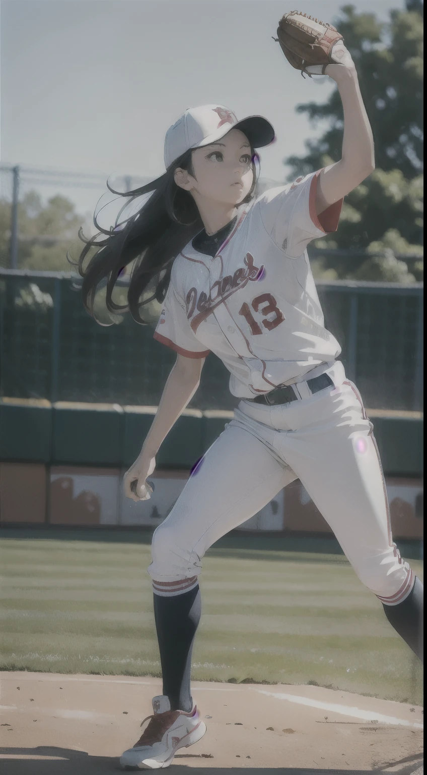 (((masterpiece)))、(((top-quality)))、((ultra-definition))、1 girl, longshot、fully body photo、Highly detailed manga style portrait、(((a woman is depicted,)))、A girl is depicted in the center(Baseball pitcher、realistic baseball uniform、Wearing a cap、Baseball glove in left hand、Pitching Motion、During a baseball game)、strong pen marks、Photo taken far away from the female subject、The whole body is shown、(10 generations、Shots from very long distances、Composition that reflects the whole body、Wide Angle, Very detailed, Low contrast