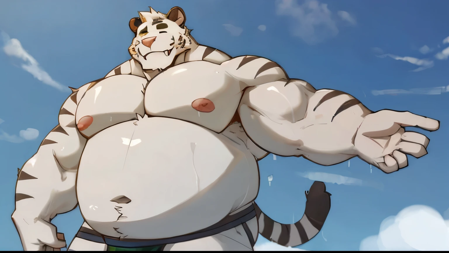 ((hombretigre: 1.3), solo, (soft shading), 4k, hi res, ((detailed face, detailed eyes, detailed)), (full body), by zackarry911, by zaush, muscular, muscular male, bara, (plump), pose, gray eyes, male focus, nipples, thighs, stomach, bare pectorals, big belly predomination, athletic body ((correct anatomy: 1.3)), muscle gut, overweight, big belly predomination, by milkytiger1145, by 96panda, cosplaying as a monk, martial arts stance, detailed eyes, detailed face, detailed hands, detailed fists, detailed feet, muscular legs, mountain background, standing in front of trees, training with martial arts, fighting stance, fierce facial expression, smiling, mouth open, sweaty,  (masterpiece)，(Very detailed)，(best quality)，((expression))，8k，(high quality)，(Ultra HD)，(Ultra Detailed), fist, detailed hands, detailed fingers, detailed fist, detailed face, detailed cheeks, a scene in, depth of field, motion blur, Ridiculous, looking at the audience, (best quality), (masterpiece), (Super detailed), sharp focus, eyes, black eyes, hairy, alone,, beard, close face, Profile picture, arms crossed, blink, Smile, humanity (tiger), male, (tiger), hombre tigre, middle aged, muscular, Super detailed face, solo, (soft shading), 4k, hi res, ((detailed face, detailed eyes, detailed)), topless male, bare pectorals, belly, pose, solo, 1boy, navel, nipples, male focus, thighs, stomach, bulge, by zackarry911, by zaush, , by milkytiger1145, by 96panda, big belly predomination, showing off belly, athletic body ((correct anatomy: 1.3)), very huge round belly, big belly, muscle gut, abs (abs on round belly), round belly (((abs on round belly))), bloated belly (with some muscle), front view