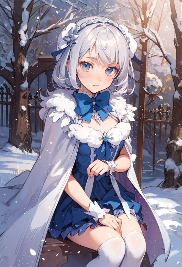 (Detailed illustrations,Very detailed and detailed drawing,Delicate lines with slow and rapid,Realistic texture expression),[Color tressed main line],[Winter Park [Walking trail](Powder snow)],[HENTAI] kawaii ((anime) tareme Girl (Pretty) 12year old [SKINNY [Sheer breast]]) (Silvery hair [[Hairstyles with a wide forehead]]) ((magical )),((holly leaves) Head dress) (Fur collared cape((frilld) bow ribbon)[boa fabric dress][Color stockings],Transparency [Soft ambient light] gravure [Colorful],(Intricate and beautiful decoration [Dense detail]),(Fine and beautiful skin expression [Transparency]),[完璧な目のdetaileds (Iris beautifully drawn in every detail)[Jewel-like eyes]],[long and beautiful eyelashes],[Meticulously drawn hair [美しく艷やかな髪のdetaileds]],(完璧な手のdetaileds [Beautiful fingers without breakdowns [Beautiful nails]]),(Perfect Anatomy(Perfectly proportioned))[[Full body like]],[Ideal color coordination(Accurate simulation of light-material interactions)],([Precision Detail](detaileds,high-detail)),[[Pale and gentle colors]][Visual art that conveys a sense of narrative].
