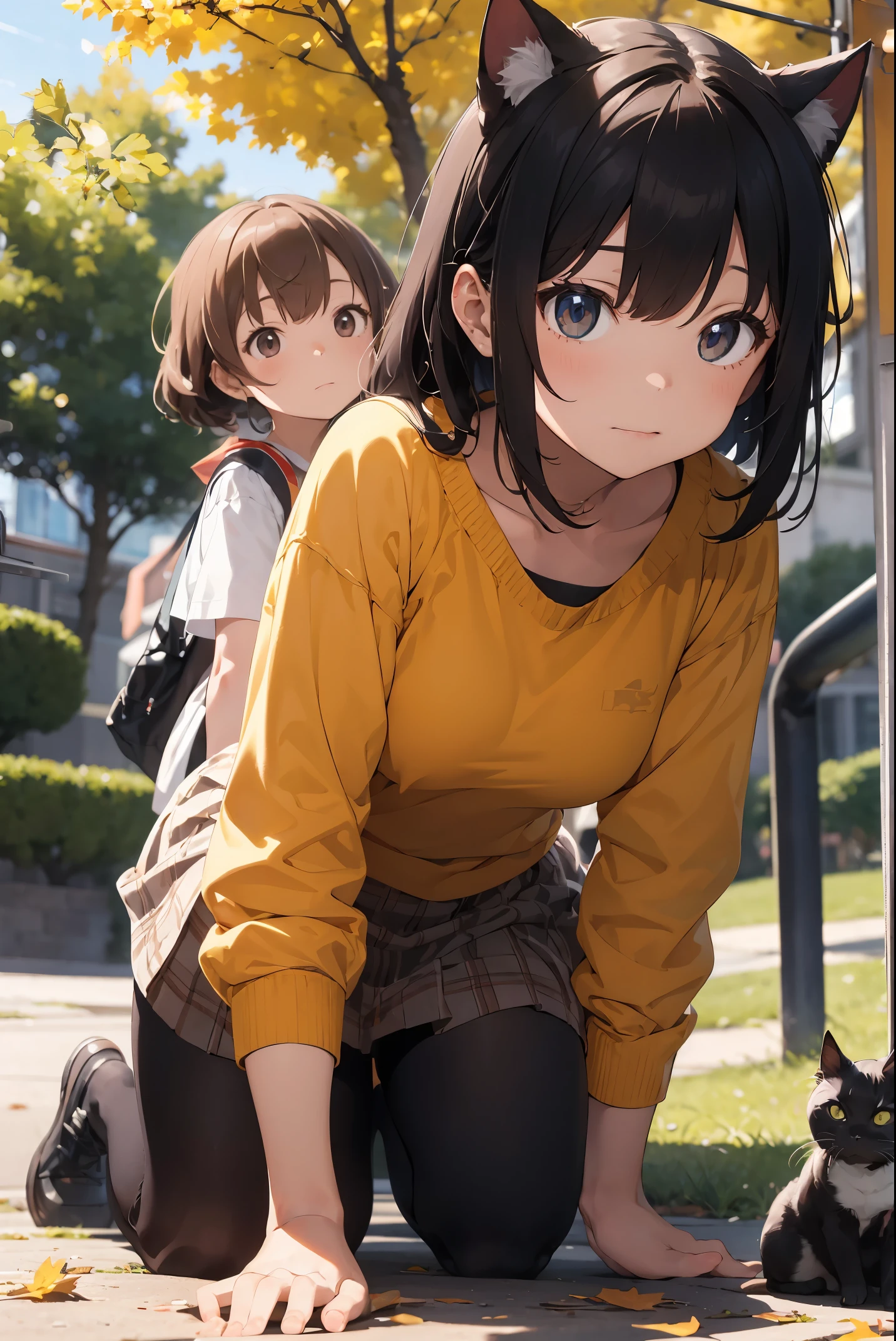 Absurd, Absolute Resolution, Incredibly Absurd, Superb Quality, Super Detail, Official Art, unity 8k wallpaper
BREAK.
, cat, young cat ears, cute, staring,
BREAK
This illustration shows a little girl weariat ear catsuit and a little black cat playing with each other on the leaf-strewn ground of a park in autumn, imitating each other's movements. The girl's hair is curly and auburn, and she is on all fours, mimicking the cat's movements. Her clothes are in autumnal shades, with an orange and yellow striped top and a brown skirt. Both the cat's and the girl's expressions show their interest and enjoyment of the moment. In the distance, one can see colorful trees and park playground equipment."
