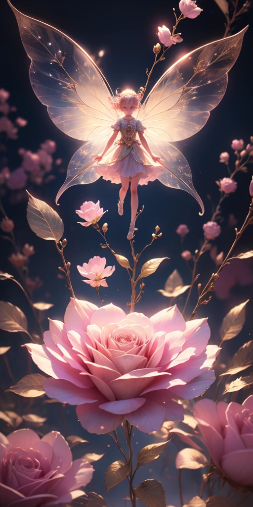 Beautiful transparent flower fairy , Transparent colorful wings, The wand fluttered in the wind、The wand flashed with starlight,Golden wand,Beautiful blue sky and white clouds、Girls have transparent wings、smile kindly、Beautiful garden background、Gentle and transparent,Anatomical correct, delicate patterns,Pink rose space, gentlesoftlighting, ( bokeh),tmasterpiece, 超詳細, Epic work, Best quality at best, 8K,Epic Romantic Fantasy Digital Art,Epic fairy tale fantasy digital art,Myth and fantasy,UHD resolution,Detailed detail drawing,realistically,Very realistic,电影灯光,an award winning photograph,plethora of colors,Hyper-realistic and realistic texture,dramatic lights