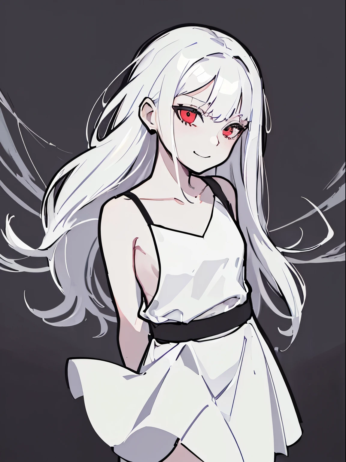 style of painting,(empty background),((Flat chest)),(Front Portrait), (Black and whature Women,((Microthorax)),(High cold),Hey, hey, smile,monochrome, blank stare, dead fish eyes, cool beauty,half lidded eyes, indifferent expression, black and white portrait, bored, impassive, loner,(Alone),Wispy bangs,Textured straight,Above the waist,((White Hair)),(Red Pupil),((White Dress)),Hip Skirt,Wispy bangs