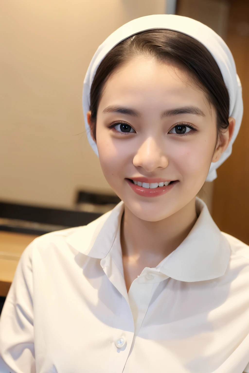Modest looking wearing hijab, sweet smile, chinese look receptionist, white buttoned shirt, professional look, super beautiful, 18 years old