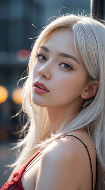 Masterpiece, Best Quality, Extremely detailed, Cinematic Lightning, intriciate detail, high resolucion, Official Art, Beautiful face and eyes with delicate details, high resolucion 그림, 8K, Depth of field, Bokeh, Solo, 1Girl, Girl with white hair and red eyes, long white hair, Beautiful red eyes, beautiful scenery, Rainy city, upper half body, looking up at viewer, close-up