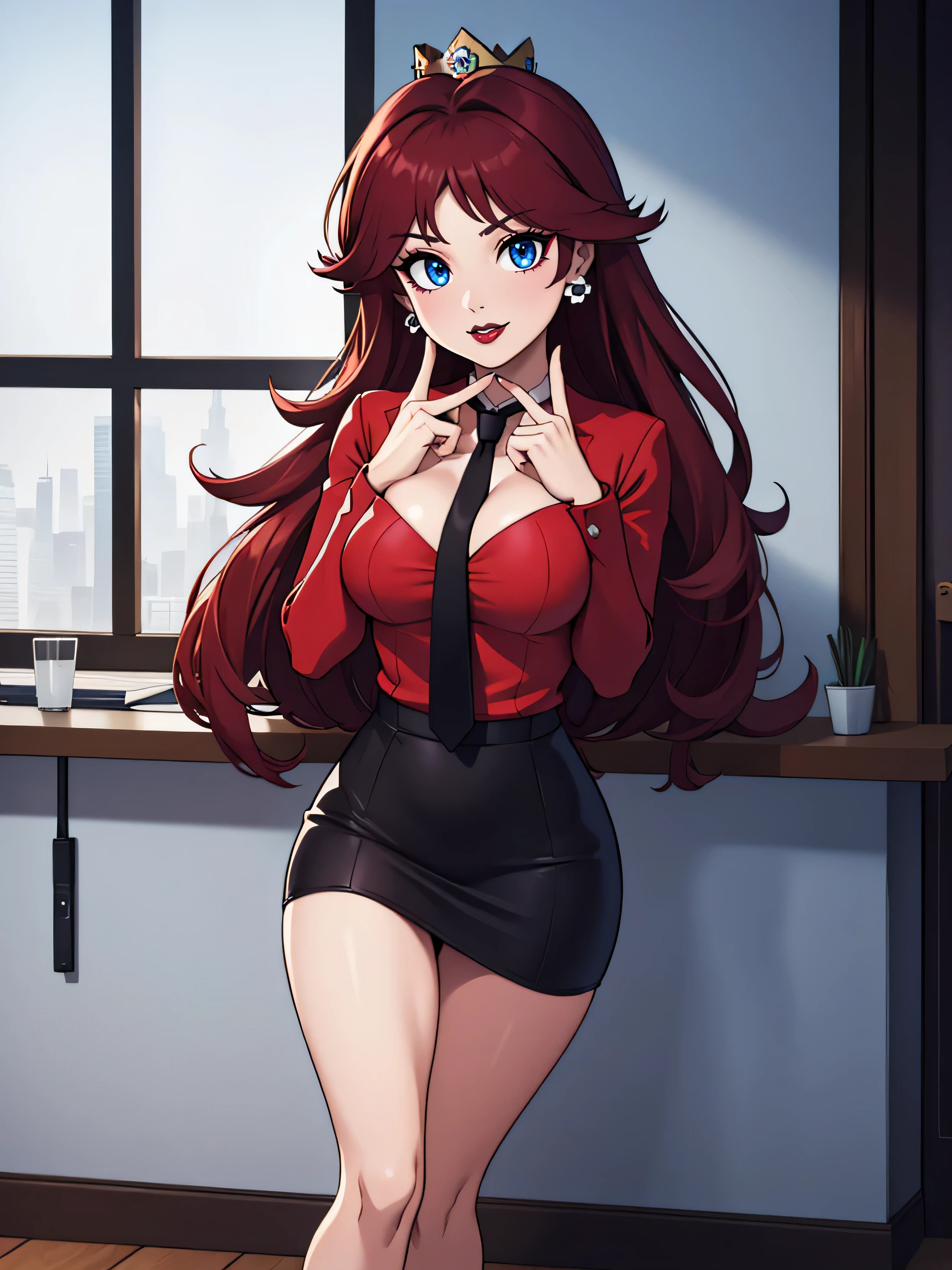 ((high detailed, best quality, 4k, masterpiece, hd:1.3)), (in office), indoors, business office, standing, window, desk, chair, computer, ceiling light, Princess Daisy, neon blue eyes, BREAK blue eyes, seductive, attractive, sexy smile, smiling, smooth anime cg art, 36C breasts, long legs, vivid colors, detailed digital art, slim body, perfect skin, dark red hair, long hair, dark hair, red hair, BREAK crown, cleavage, 36C cleavage, looking at viewer, BREAK looking at viewer, extremely detailed face, black necktie, tight red skirt, red suit, red jacket, black shirt, red pencil skirt, mini red skirt, full body, (red high heels), earrings, gem, dark black makeup lips, dark gothic eyeshadows, dark eyeshadows, black eyeshadows, black sexy lips, black lips, (dark:1.2), dark lips, very dark lips, (perfect hands, perfect anatomy), black makeup, black medium lips, black thick lips, detailed fingers, five fingers per hand, 5 fingers, (1 girl), detailed lips, detailed black lips, black painted lips, gothic painted lips, BREAK night, (breast focus), (breasts out:1.3),