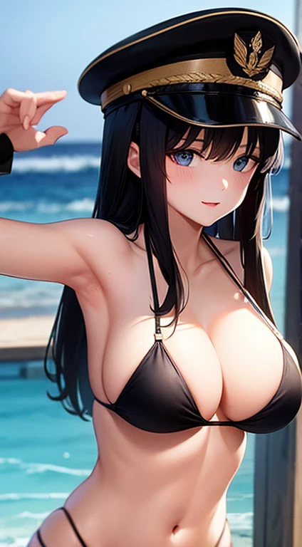 bikini, military cap, long black hair, breast
