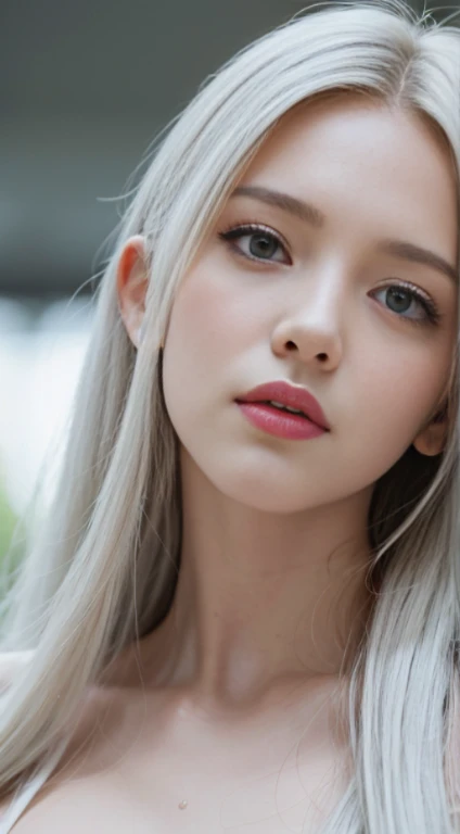 Masterpiece, Best Quality, Extremely detailed, Cinematic Lightning, intriciate detail, high resolucion, Official Art, Beautiful face and eyes with delicate details, high resolucion 그림, 8K, Depth of field, Bokeh, Solo, 1Girl, Girl with white hair and red eyes, long white hair, Beautiful red eyes, beautiful scenery, Rainy city, upper half body, looking up at viewer, close-up