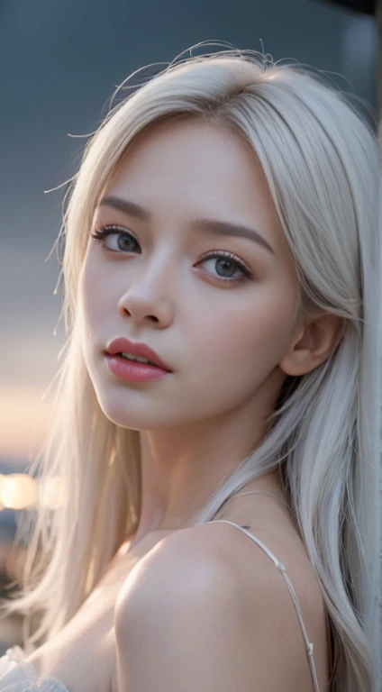 Masterpiece, Best Quality, Extremely detailed, Cinematic Lightning, intriciate detail, high resolucion, Official Art, Beautiful face and eyes with delicate details, high resolucion 그림, 8K, Depth of field, Bokeh, Solo, 1Girl, Girl with white hair and red eyes, long white hair, Beautiful red eyes, beautiful scenery, Rainy city, upper half body, looking up at viewer, close-up